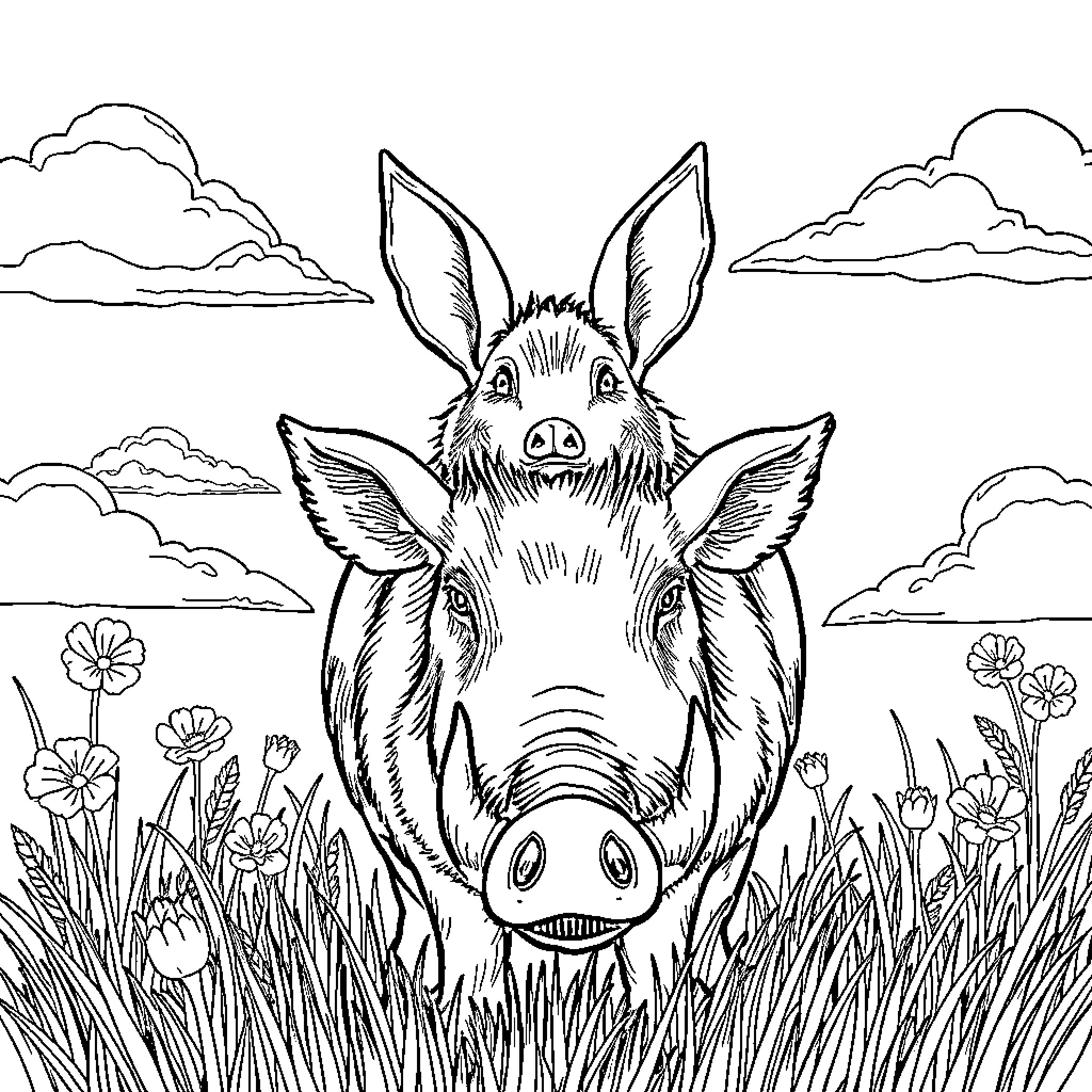 Fox peeking curiously from tall grass Coloring Page (free black-and-white line drawing printable PDF for all, from beginners to advanced learners, including children, teens, adults, and seniors)