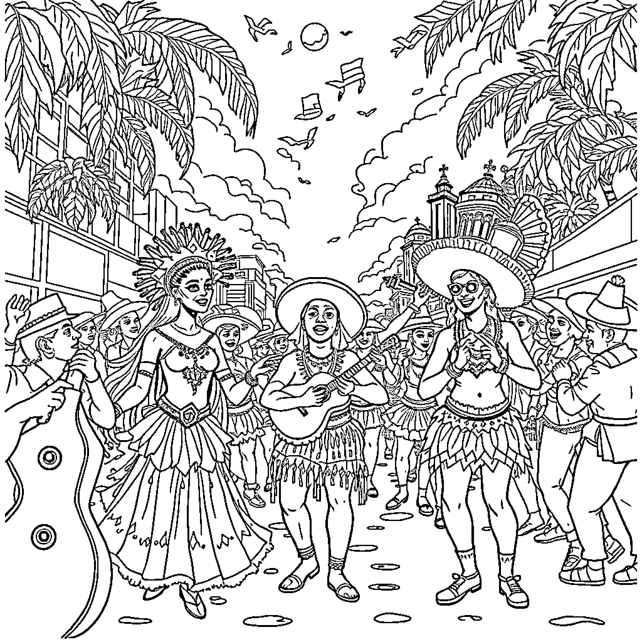 Brazilian Festive Carnival Celebration with Vibrant Costumes Coloring Page (free black-and-white line drawing printable PDF for all, from beginners to advanced learners, including children, teens, adults, and seniors)