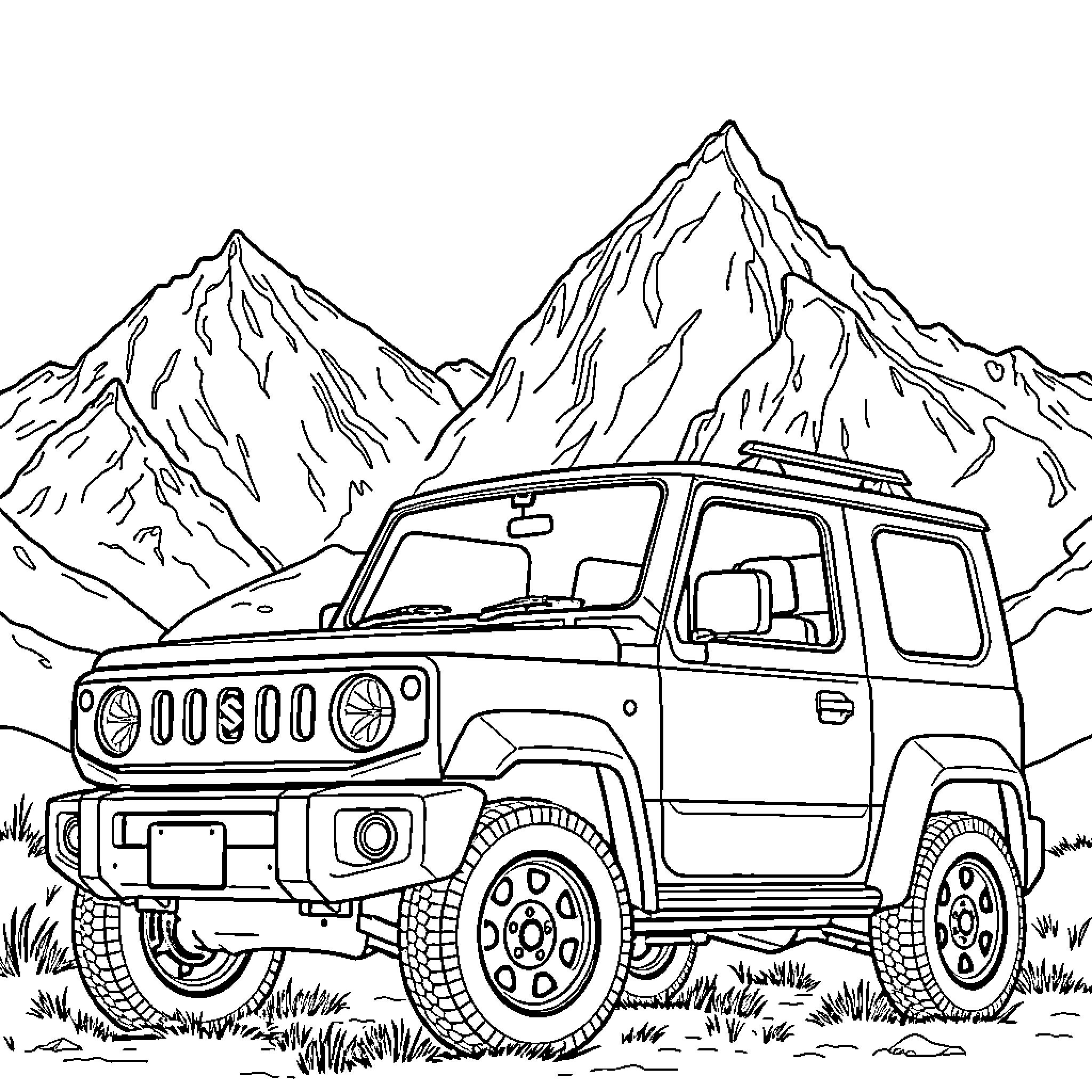 Suzuki Jimny off-roading through mountain landscape Coloring Page (free black-and-white line drawing printable PDF for all, from beginners to advanced learners, including children, teens, adults, and seniors)