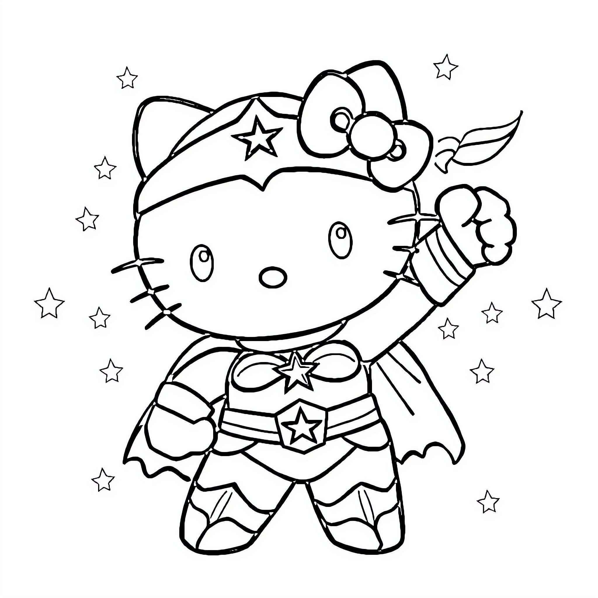 Cinnamon Roll Superhero in Starry Night Coloring Page (free black-and-white line drawing printable PDF for all, from beginners to advanced learners, including children, teens, adults, and seniors)