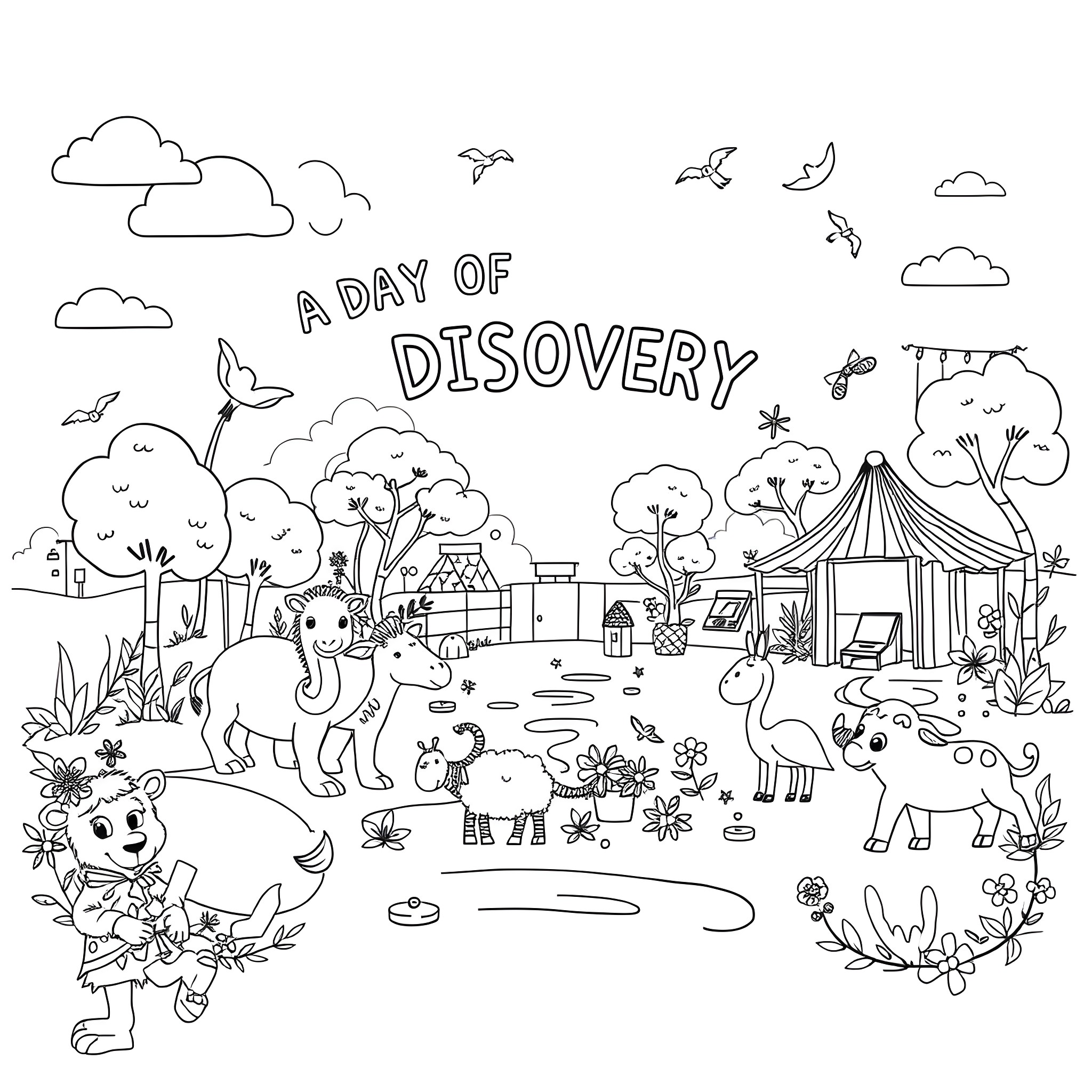 Zoo animals exploring a day of discovery Coloring Page (free black-and-white line drawing printable PDF for all, from beginners to advanced learners, including children, teens, adults, and seniors)
