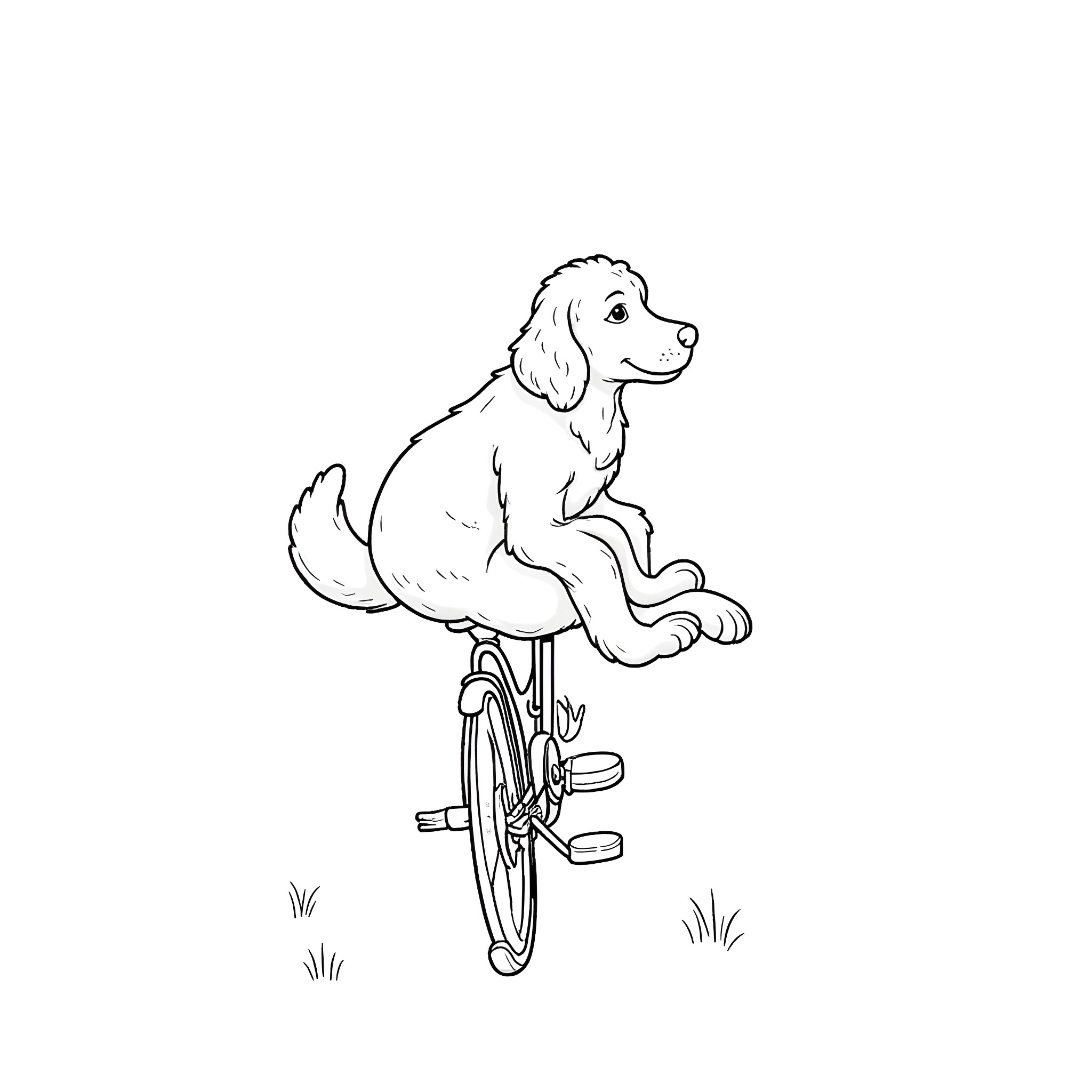 Doodle of a dog riding a bicycle Coloring Page (free black-and-white line drawing printable PDF for all, from beginners to advanced learners, including children, teens, adults, and seniors)
