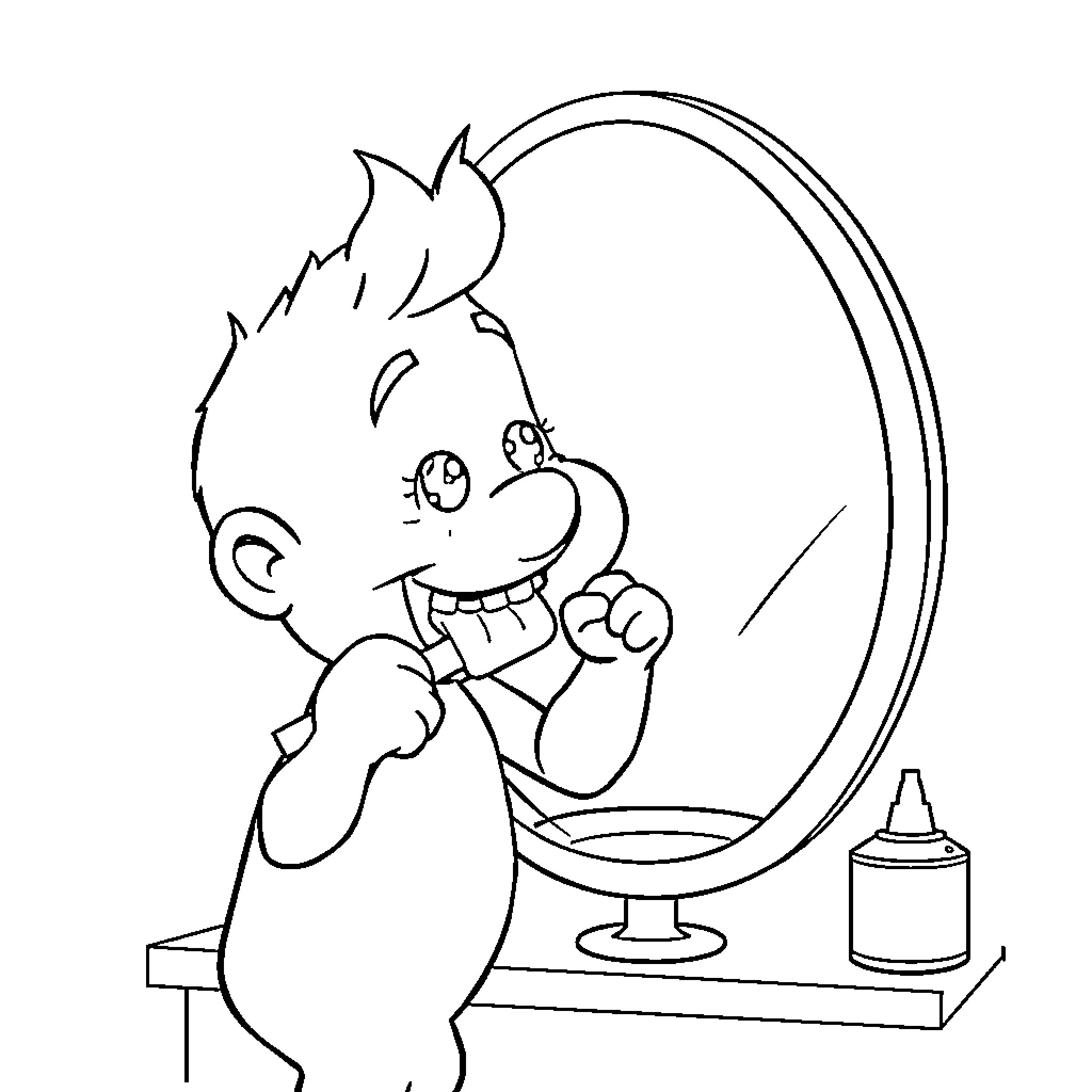 Bluy Boy Admiring Reflection in Mirror Coloring Page (free black-and-white line drawing printable PDF for all, from beginners to advanced learners, including children, teens, adults, and seniors)