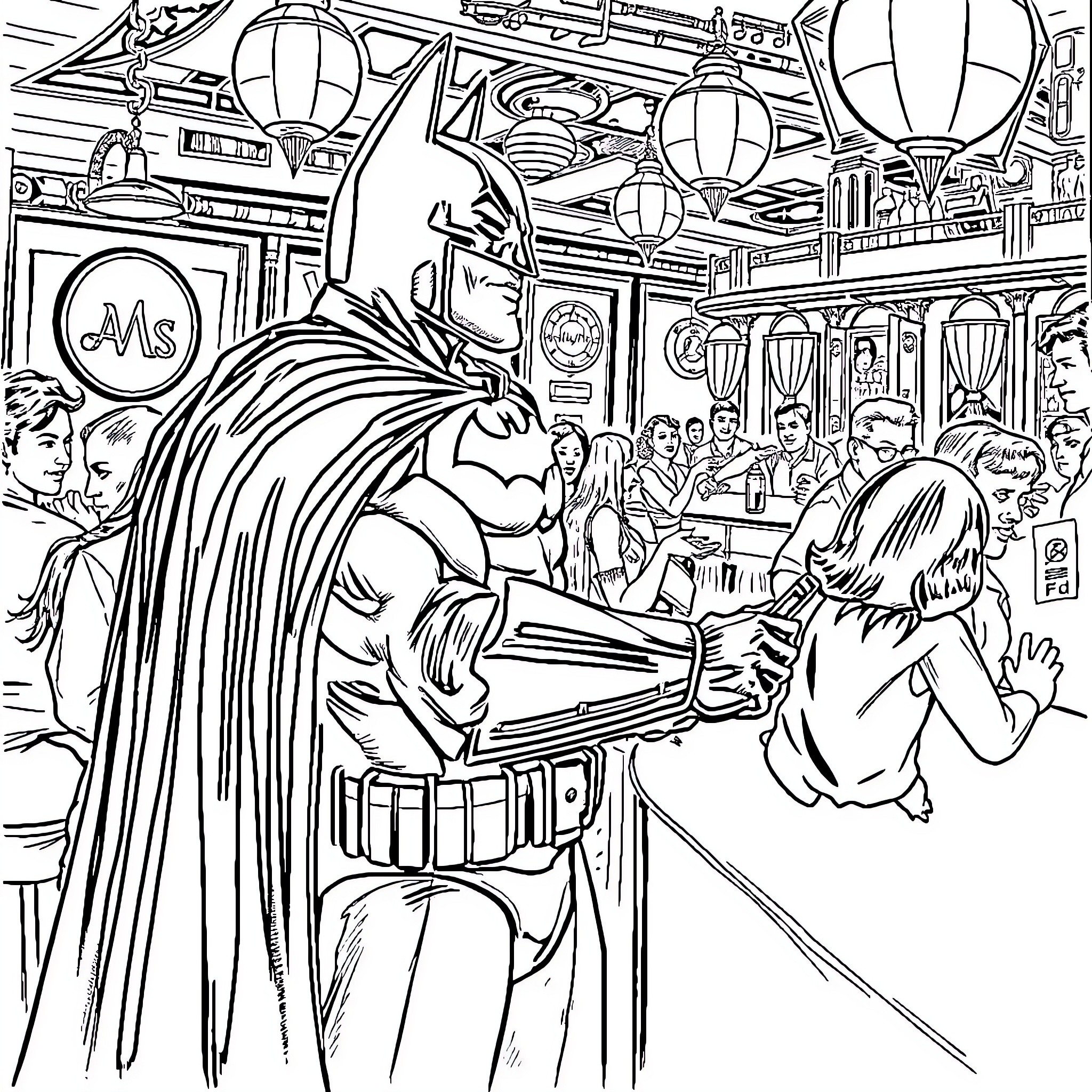 Batman Battles Villains in a Lively City Café Coloring Page (free black-and-white line drawing printable PDF for all, from beginners to advanced learners, including children, teens, adults, and seniors)