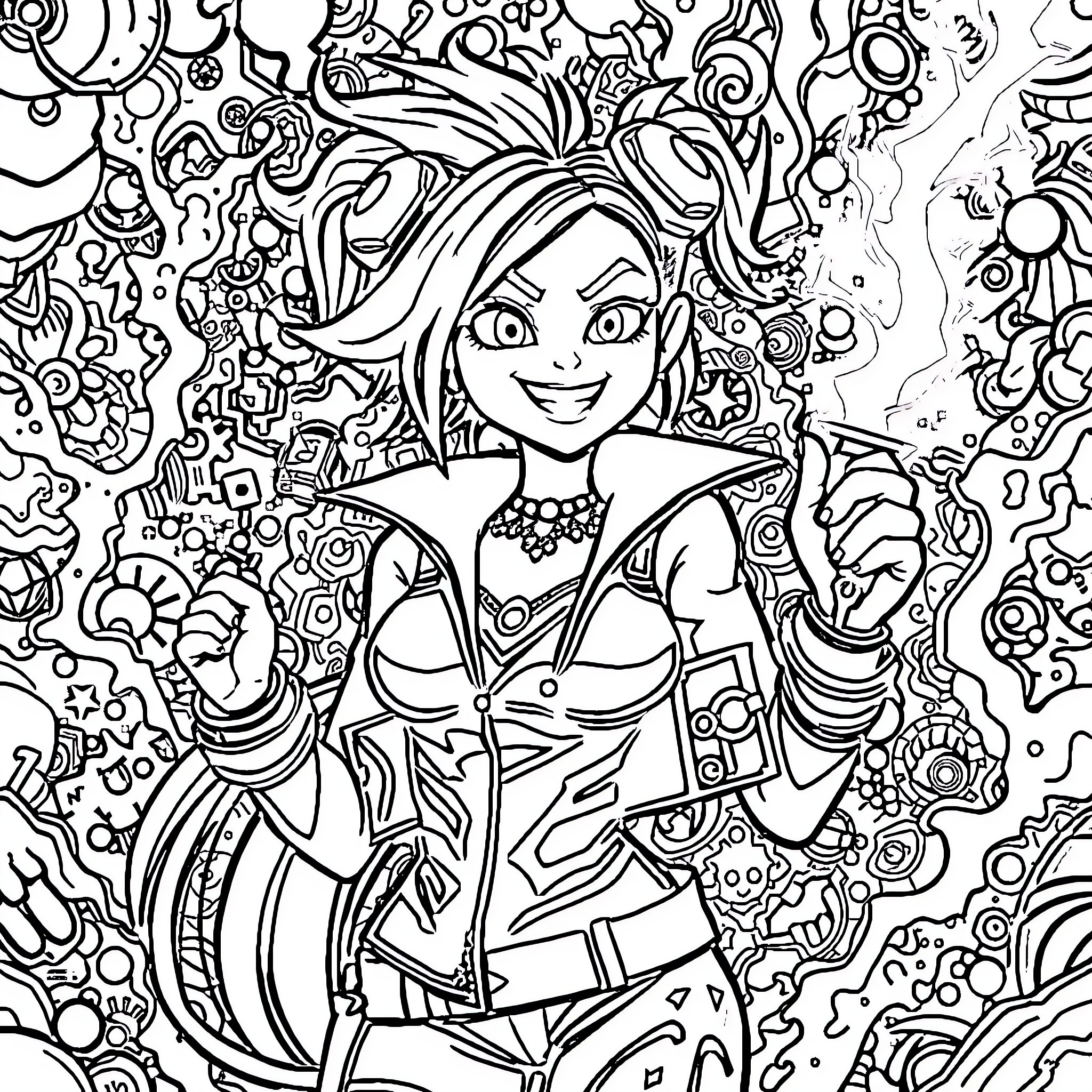 Jinx - Whimsical and Vibrant Warrior Woman Coloring Page (free black-and-white line drawing printable PDF for all, from beginners to advanced learners, including children, teens, adults, and seniors)