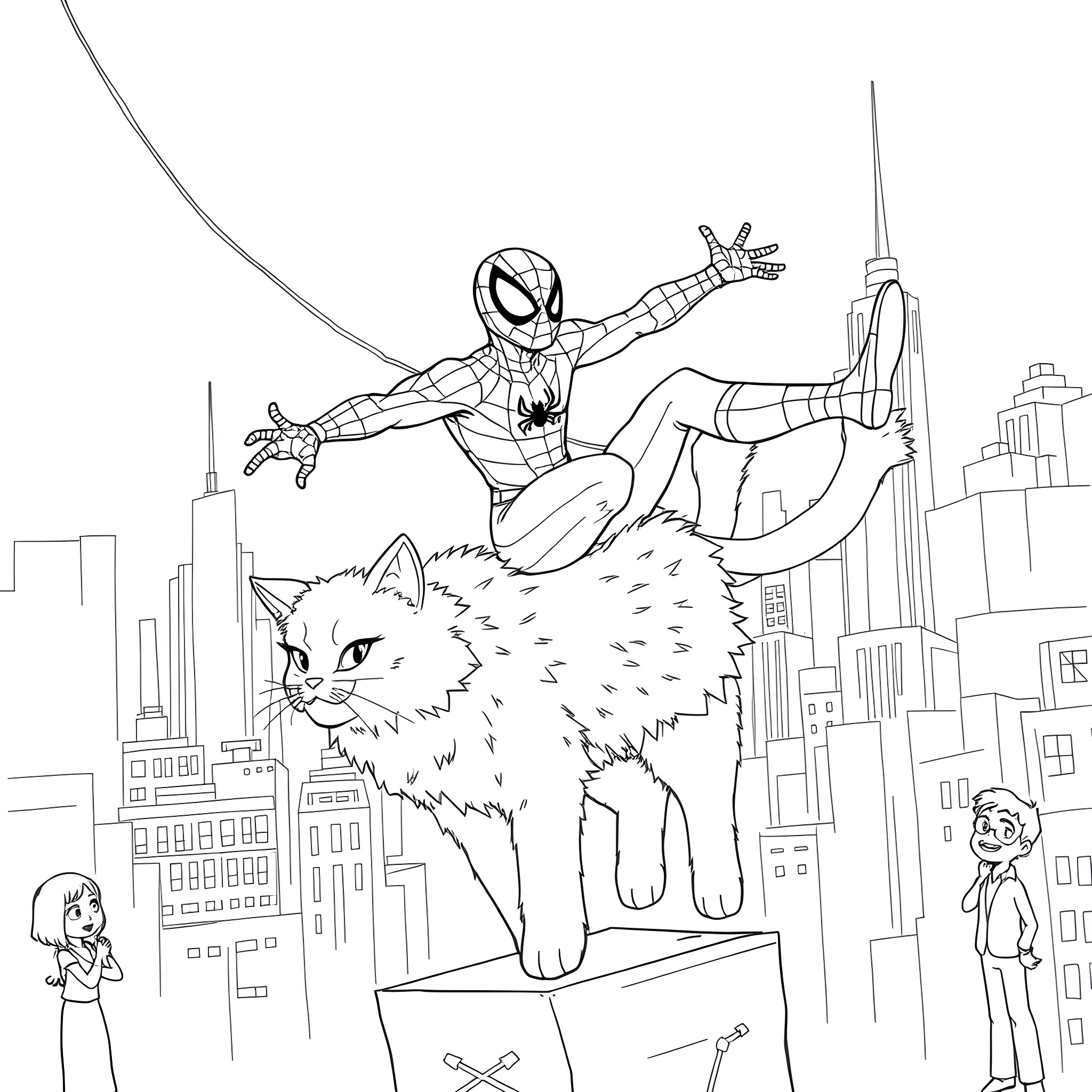 Spiderman swinging through the city with a giant cat Coloring Page (free black-and-white line drawing printable PDF for all, from beginners to advanced learners, including children, teens, adults, and seniors)
