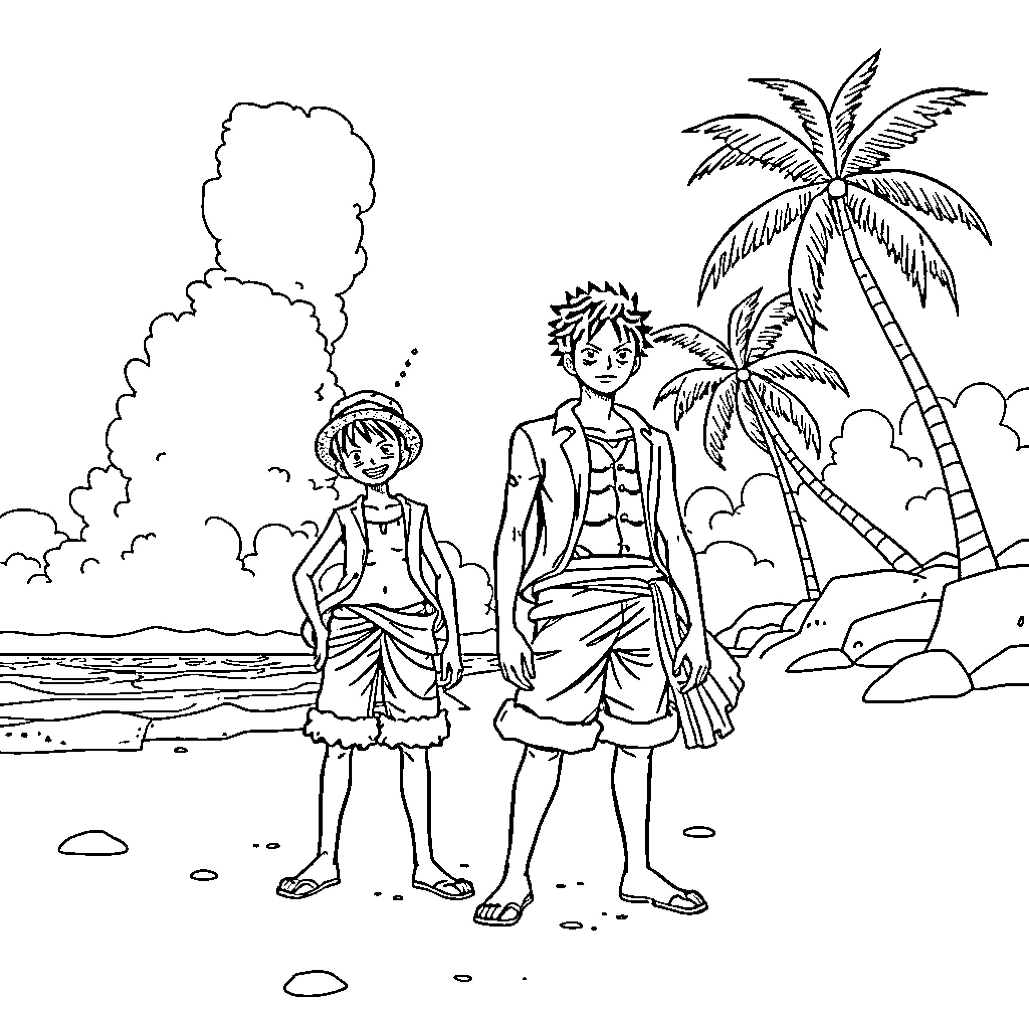 Luffy and Straw Hat Pirates' Beach Adventure Coloring Page (free black-and-white line drawing printable PDF for all, from beginners to advanced learners, including children, teens, adults, and seniors)