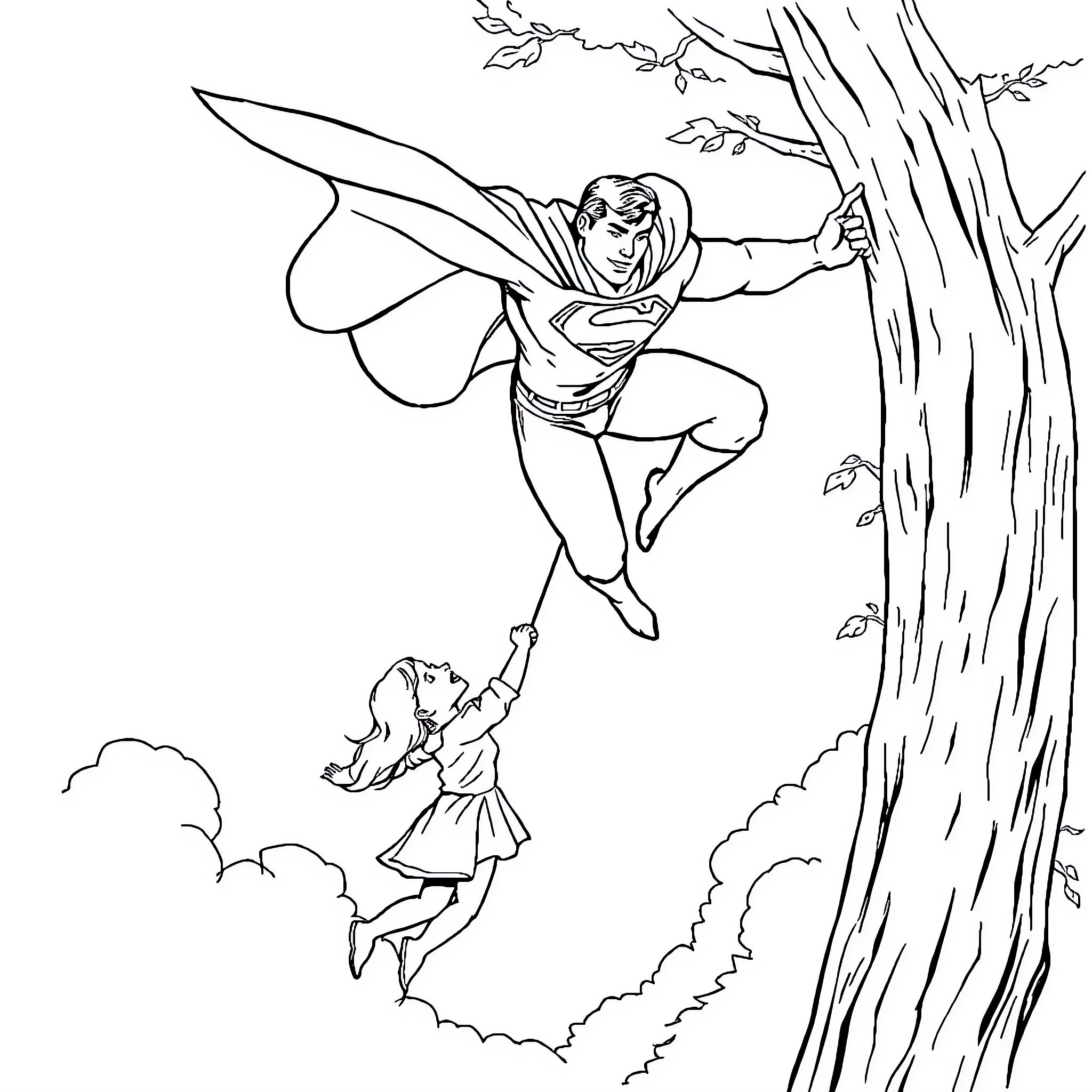 Superman leaping from tree to help young girl Coloring Page (free black-and-white line drawing printable PDF for all, from beginners to advanced learners, including children, teens, adults, and seniors)