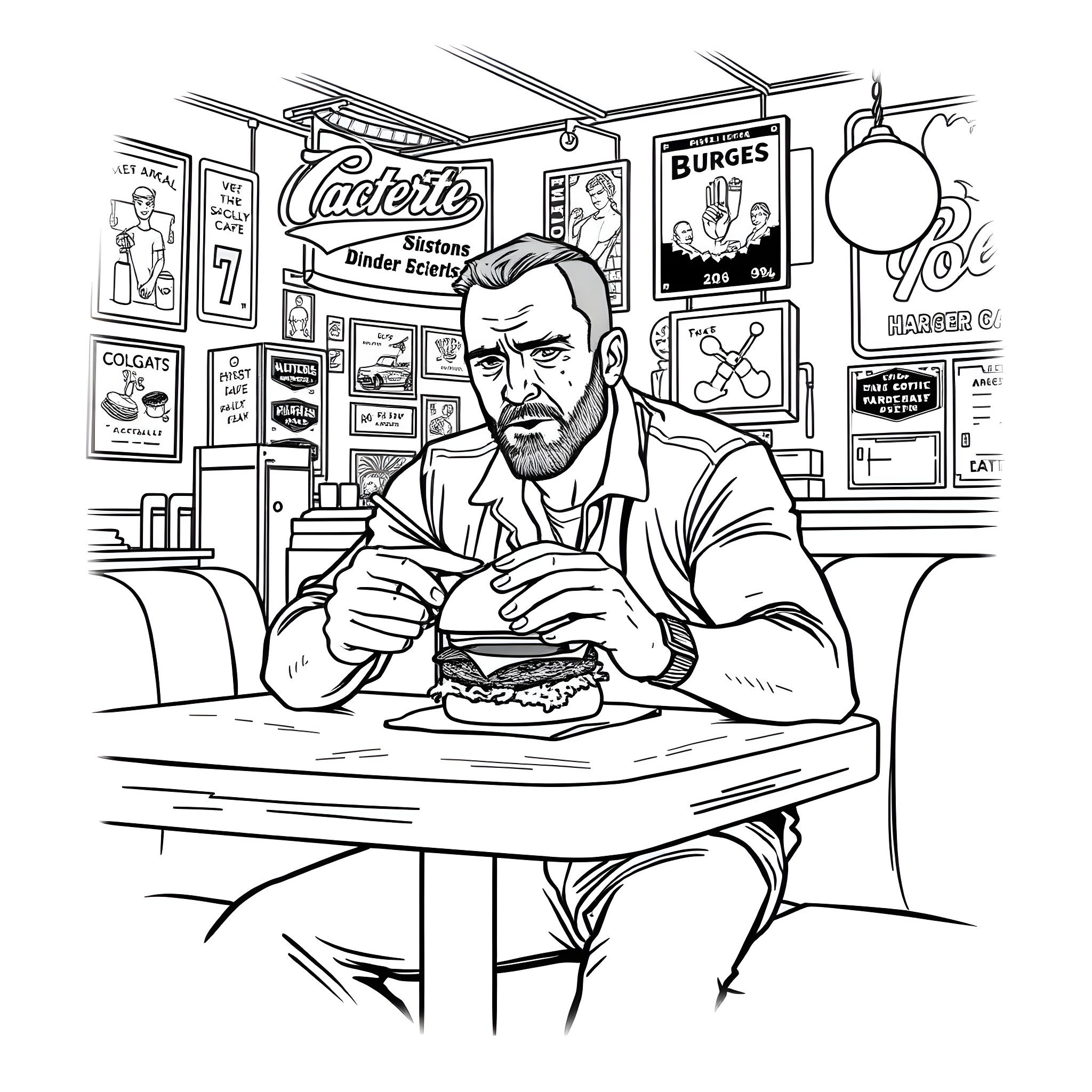 Jason Statham enjoying a burger in a retro diner Coloring Page (free black-and-white line drawing printable PDF for all, from beginners to advanced learners, including children, teens, adults, and seniors)