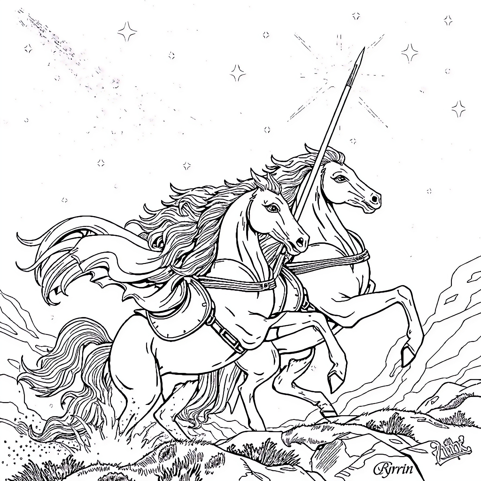 Zodiac Knights Riding Majestic Unicorns in Starry Skies Coloring Page (free black-and-white line drawing printable PDF for all, from beginners to advanced learners, including children, teens, adults, and seniors)