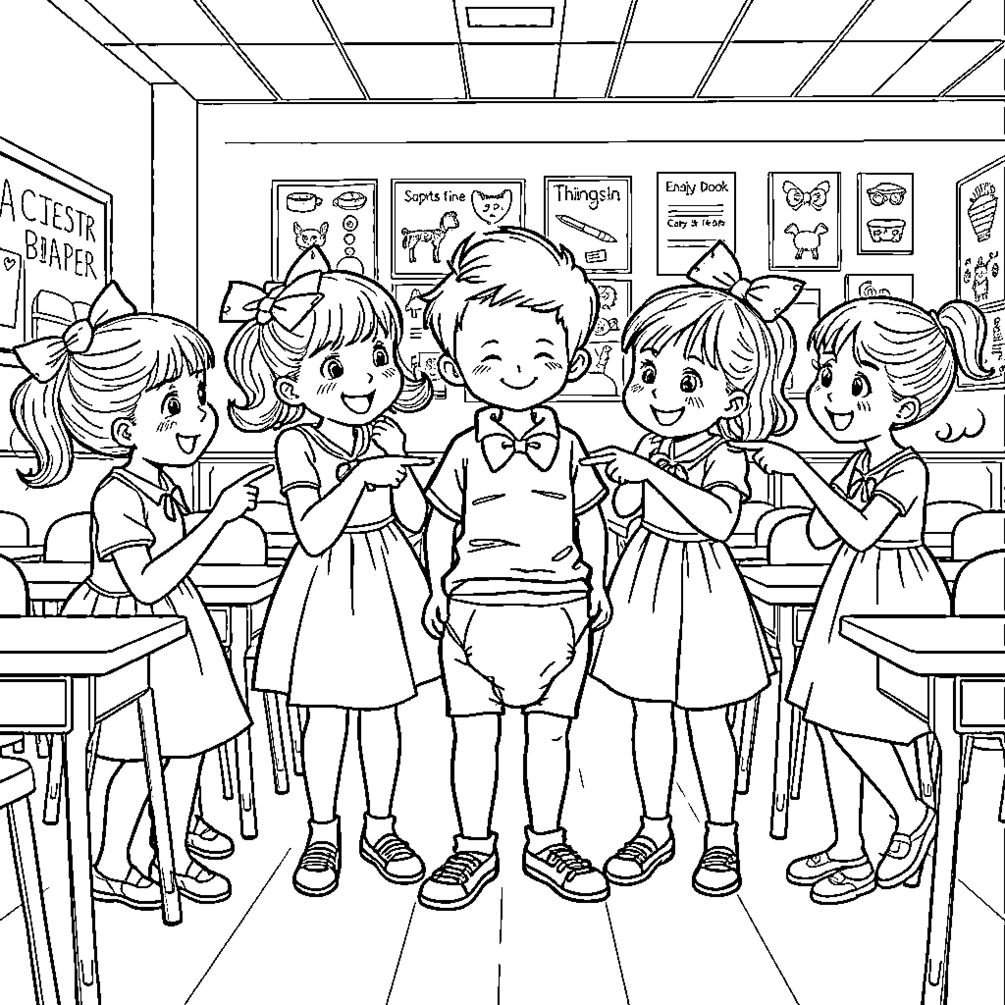 Girl Students Enjoying Time Together in Classroom Coloring Page (free black-and-white line drawing printable PDF for all, from beginners to advanced learners, including children, teens, adults, and seniors)