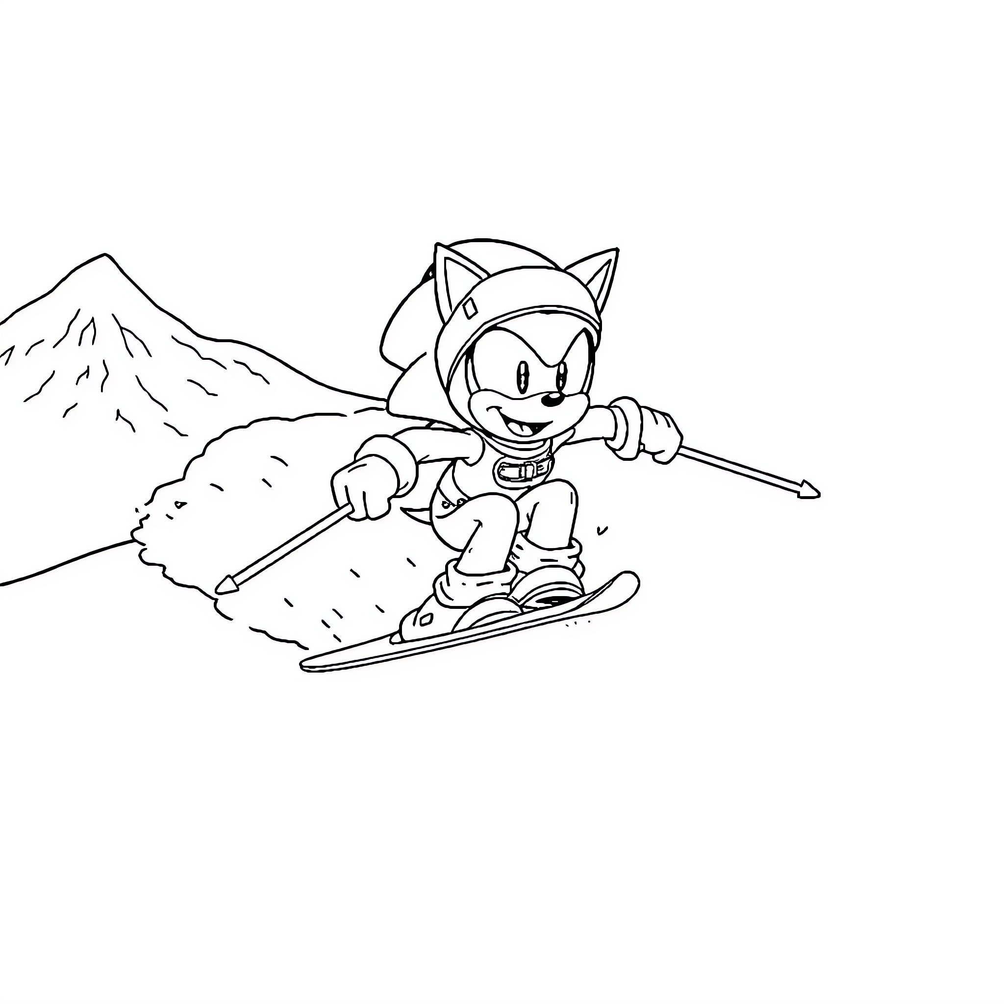 Sonic Snowboarding Down the Snowy Mountain Coloring Page (free black-and-white line drawing printable PDF for all, from beginners to advanced learners, including children, teens, adults, and seniors)