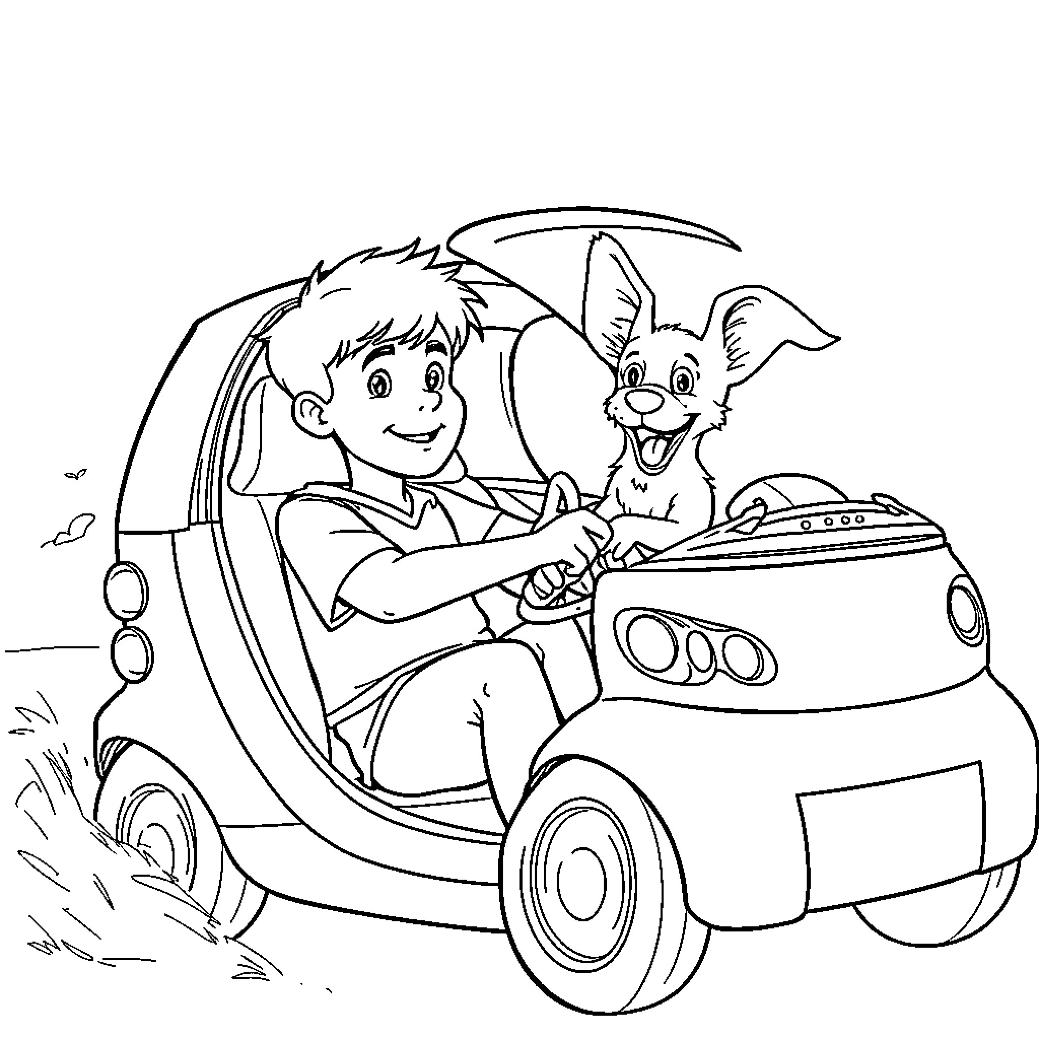 Boy driving a fun toy car with his dog Coloring Page (free black-and-white line drawing printable PDF for all, from beginners to advanced learners, including children, teens, adults, and seniors)