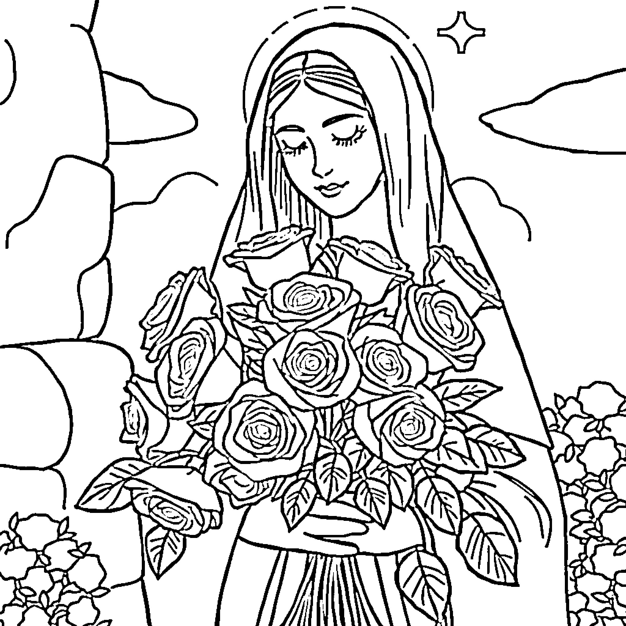 Lucia holding a bouquet of roses in a serene landscape Coloring Page (free black-and-white line drawing printable PDF for all, from beginners to advanced learners, including children, teens, adults, and seniors)