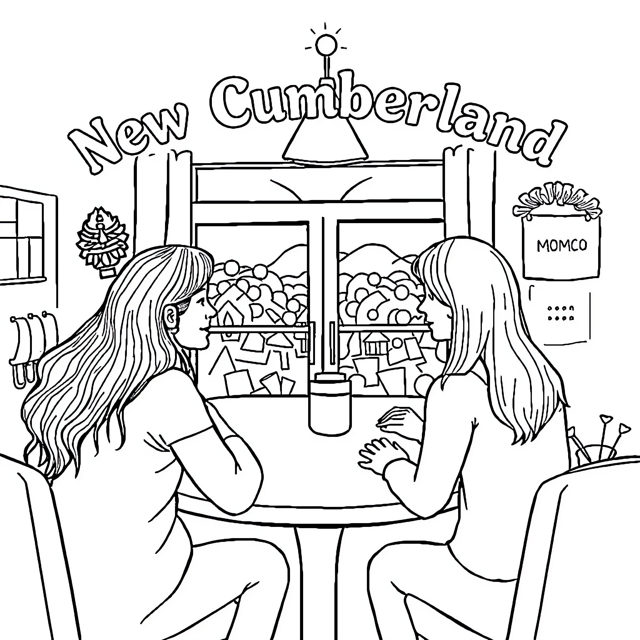 Mom and daughter explore New Cumberland Coloring Page (free black-and-white line drawing printable PDF for all, from beginners to advanced learners, including children, teens, adults, and seniors)