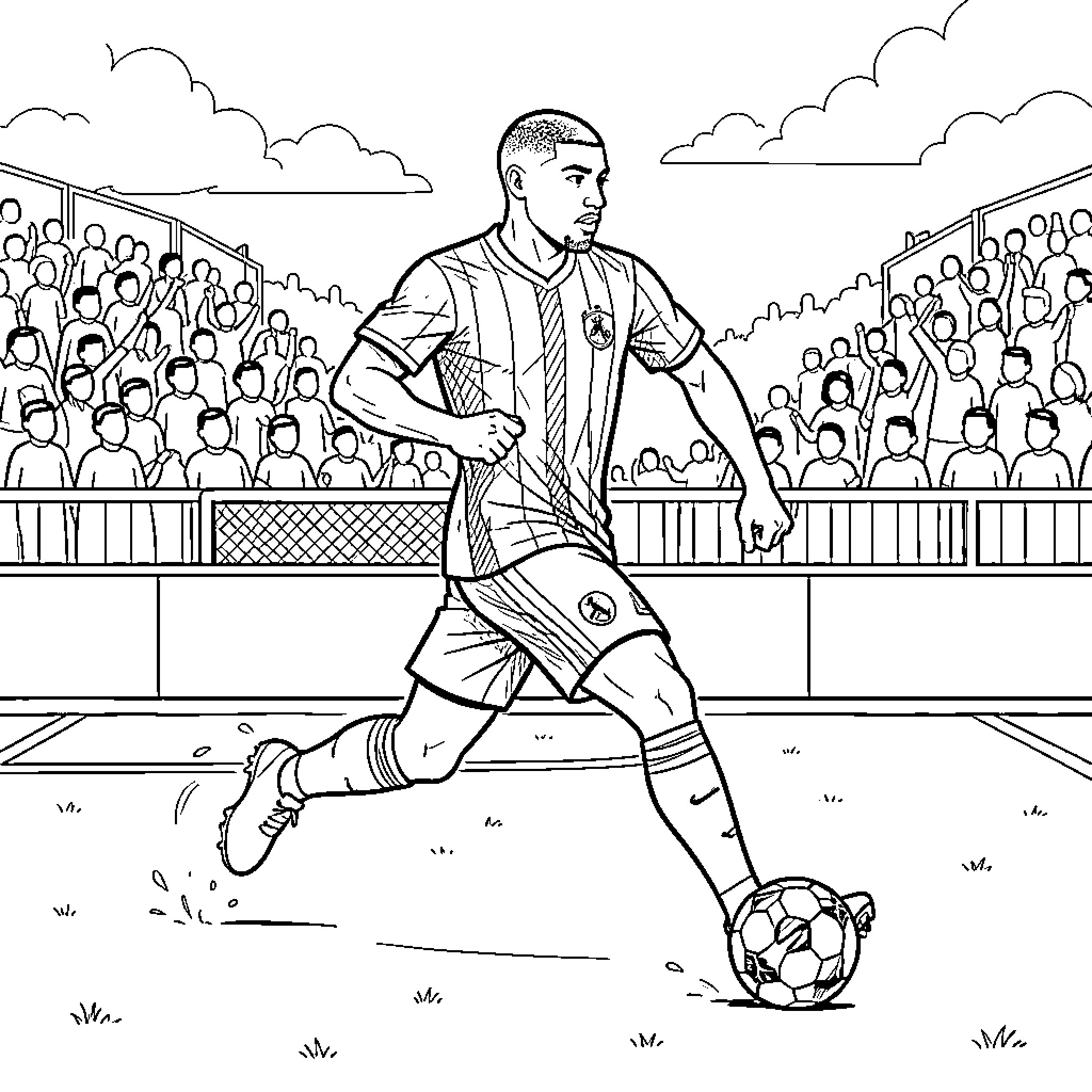 Mbappe dribbling a soccer ball during a match Coloring Page (free black-and-white line drawing printable PDF for all, from beginners to advanced learners, including children, teens, adults, and seniors)