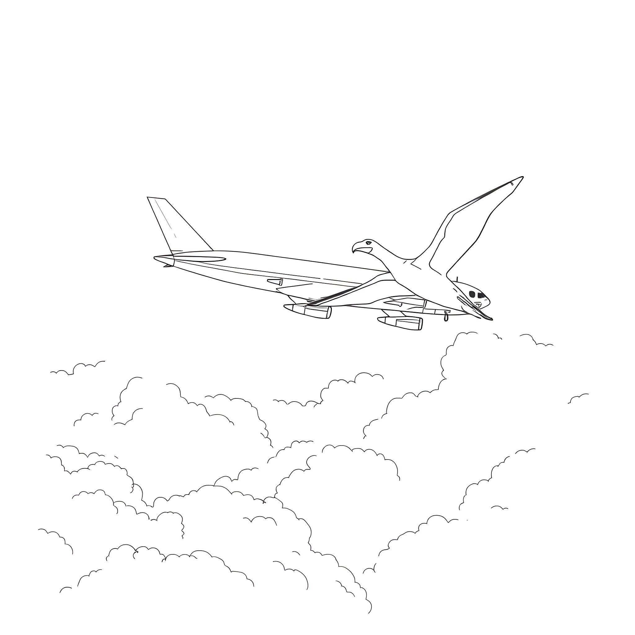 Pterodactyl soaring through the clouds Coloring Page (free black-and-white line drawing printable PDF for all, from beginners to advanced learners, including children, teens, adults, and seniors)
