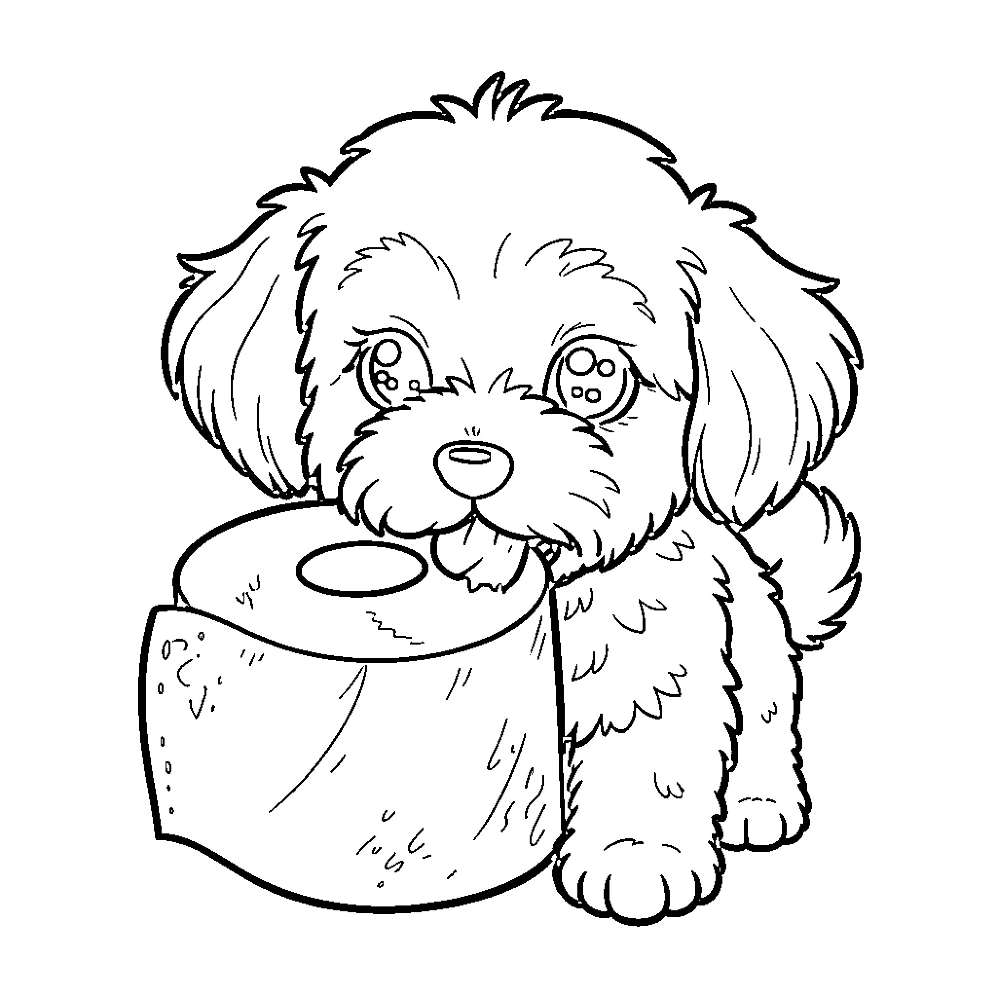 Cavapoo puppy playing with toy Coloring Page (free black-and-white line drawing printable PDF for all, from beginners to advanced learners, including children, teens, adults, and seniors)