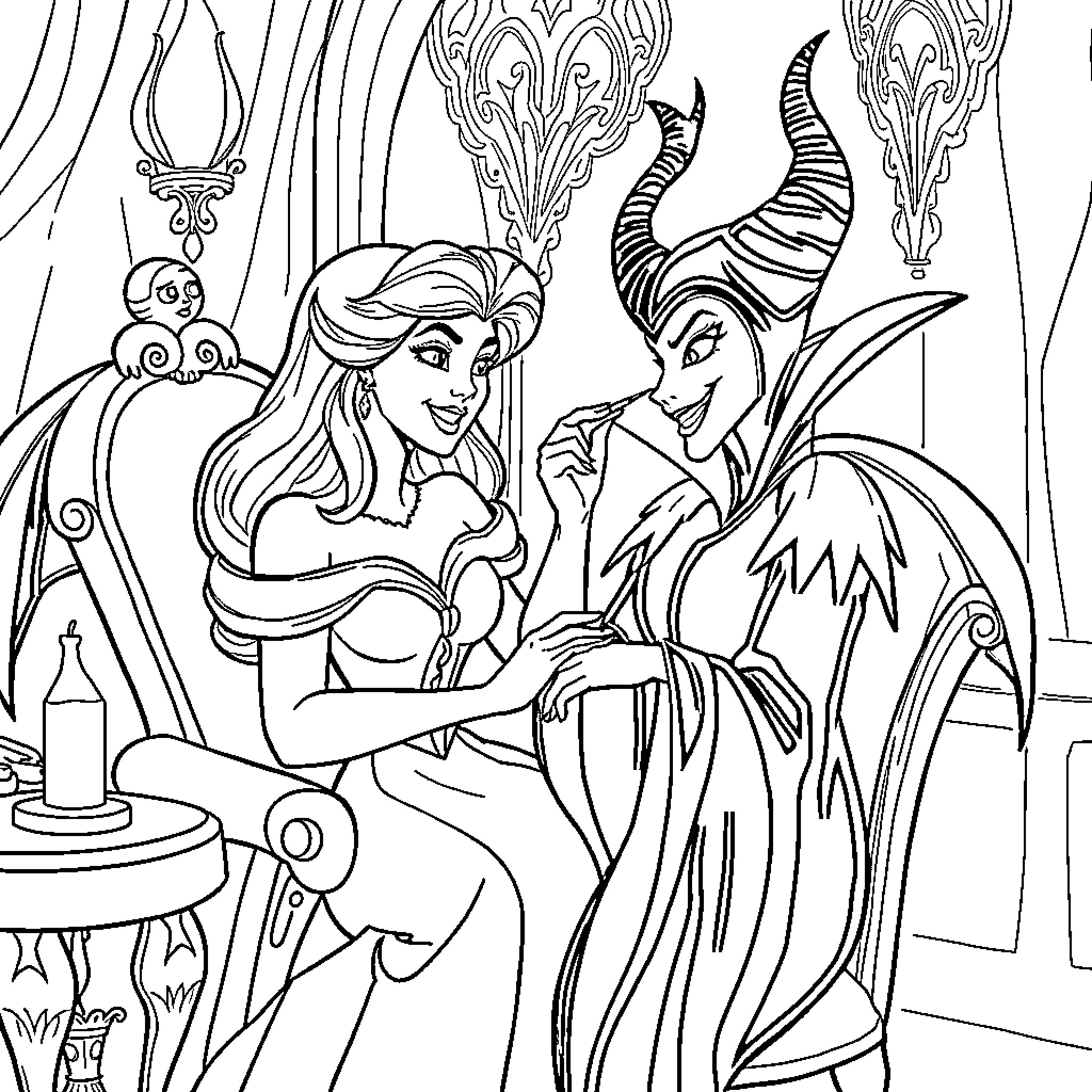 Sleeping Beauty and Maleficent in conversation Coloring Page (free black-and-white line drawing printable PDF for all, from beginners to advanced learners, including children, teens, adults, and seniors)
