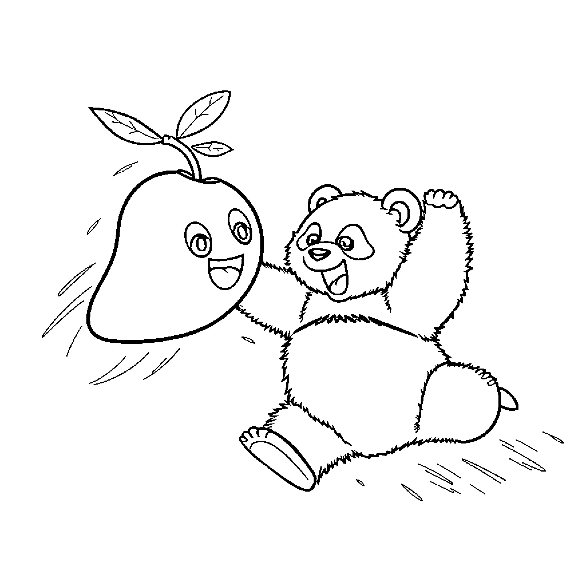 Mango and playful panda friend Coloring Page (free black-and-white line drawing printable PDF for all, from beginners to advanced learners, including children, teens, adults, and seniors)