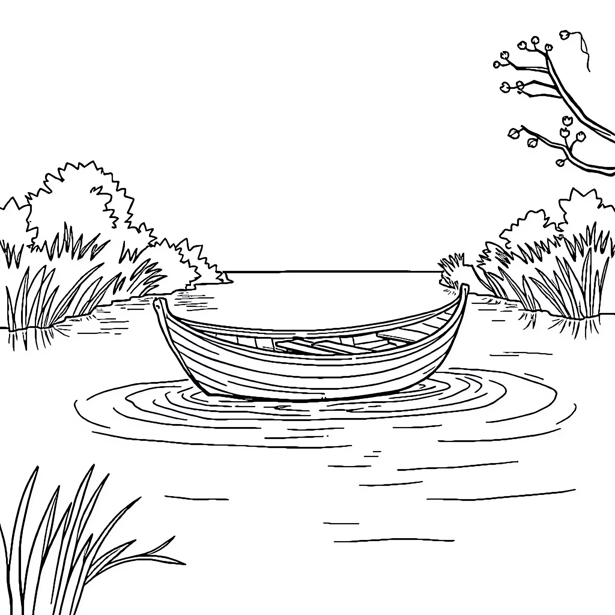 Boat floating peacefully on a serene lake Coloring Page (free black-and-white line drawing printable PDF for all, from beginners to advanced learners, including children, teens, adults, and seniors)