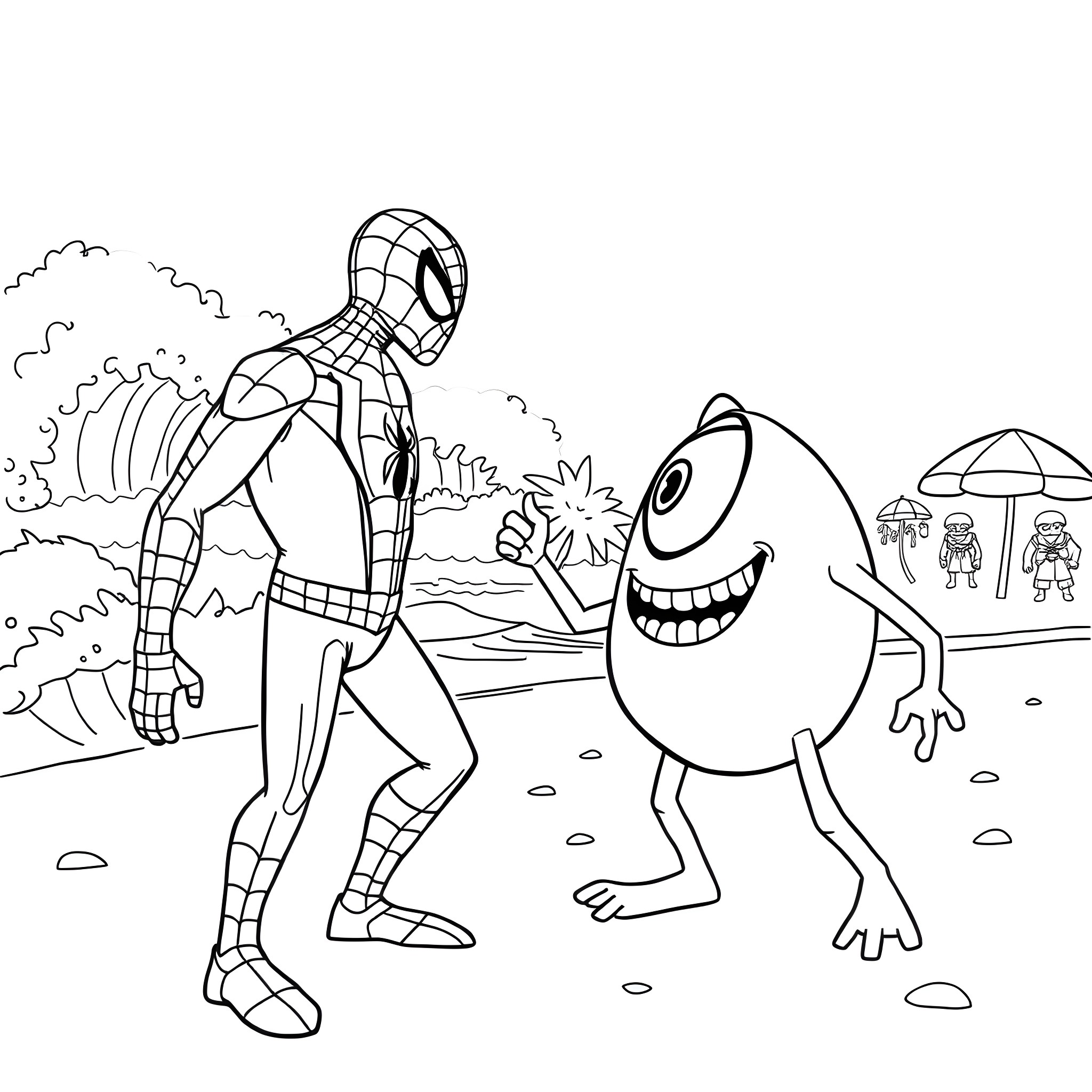 Mike Wazowski interacts with a friendly monster in a vibrant landscape Coloring Page (free black-and-white line drawing printable PDF for all, from beginners to advanced learners, including children, teens, adults, and seniors)