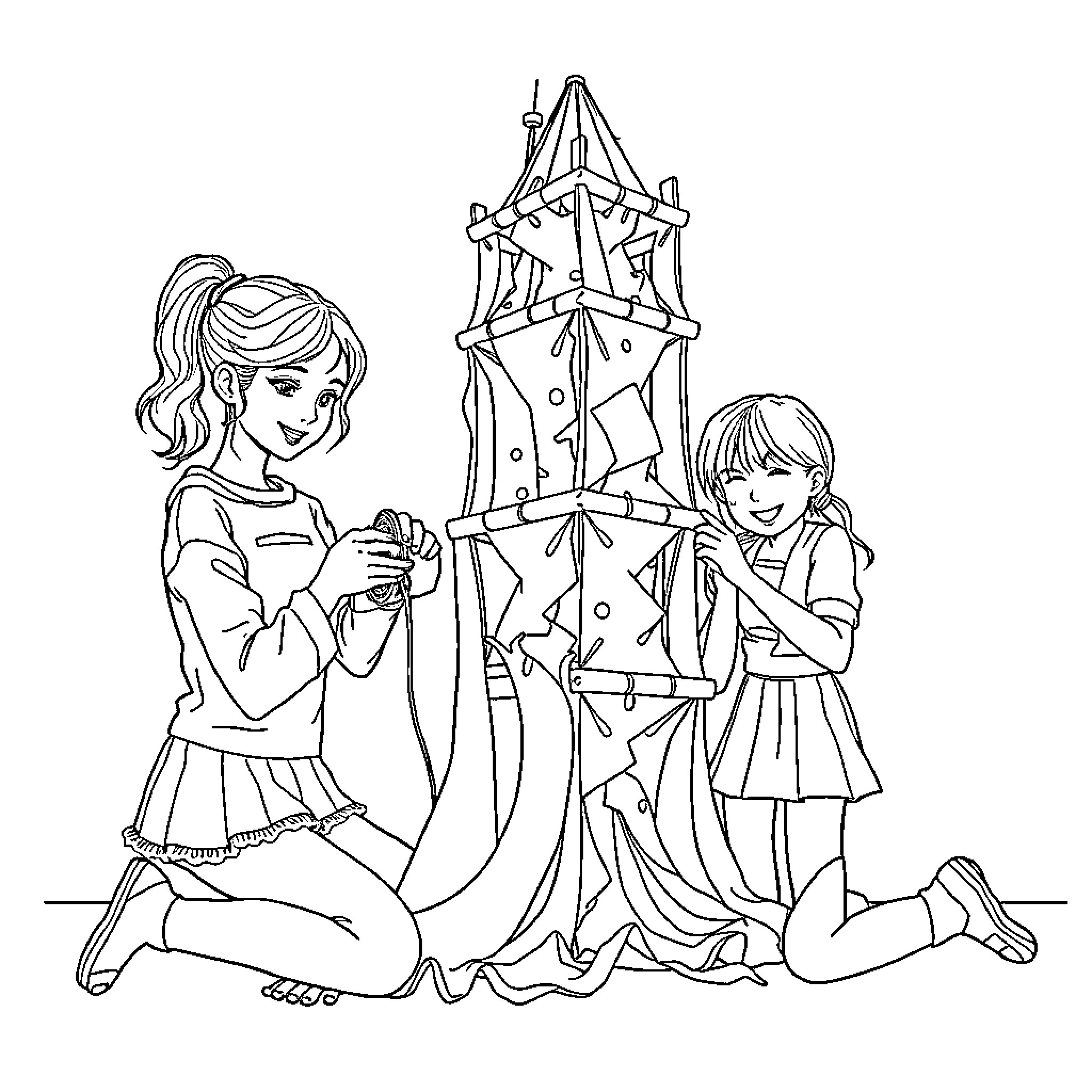 Girls Creating Festive Paper Lanterns Coloring Page (free black-and-white line drawing printable PDF for all, from beginners to advanced learners, including children, teens, adults, and seniors)