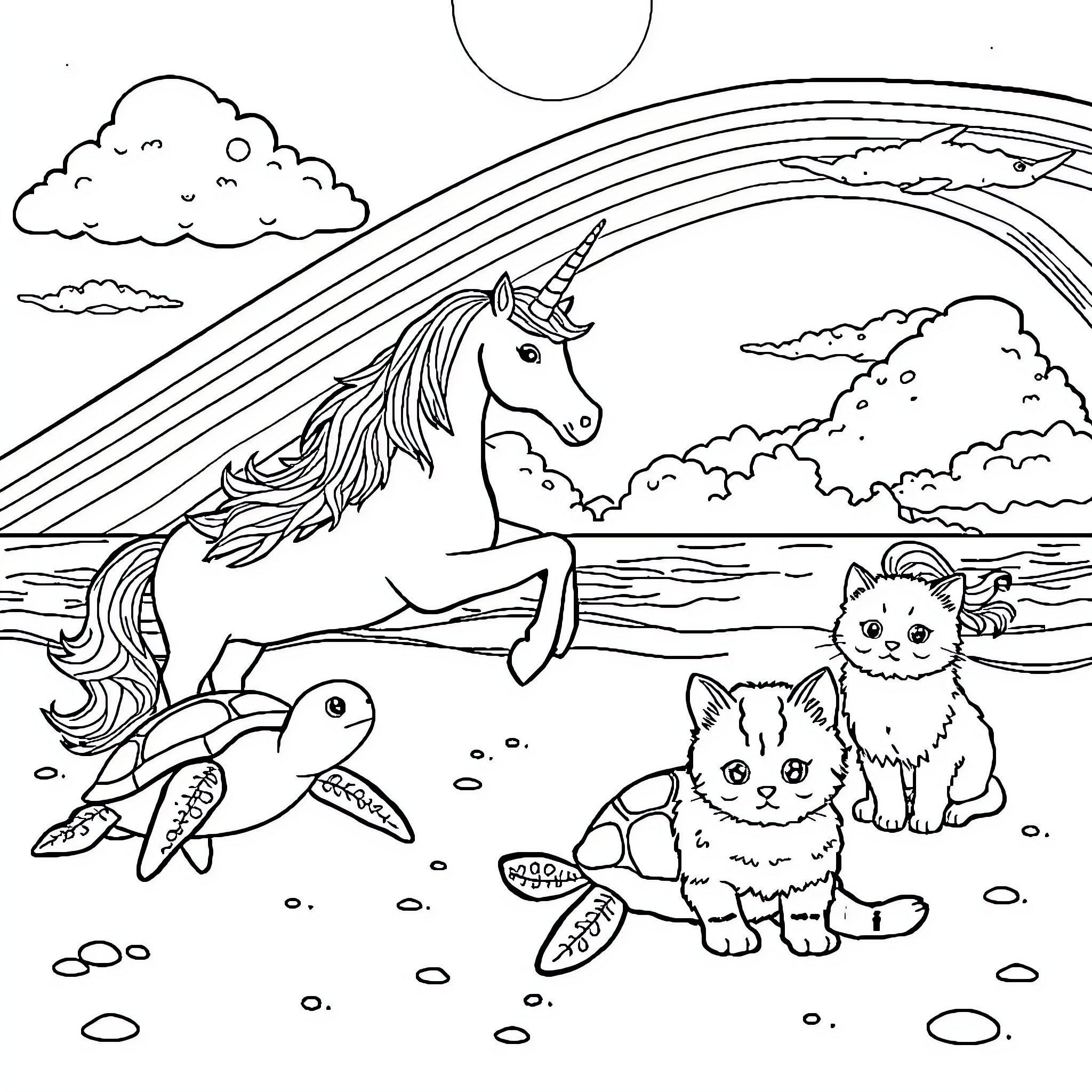 Unicorn frolicking with cute kittens and fish in magical landscape Coloring Page (free black-and-white line drawing printable PDF for all, from beginners to advanced learners, including children, teens, adults, and seniors)