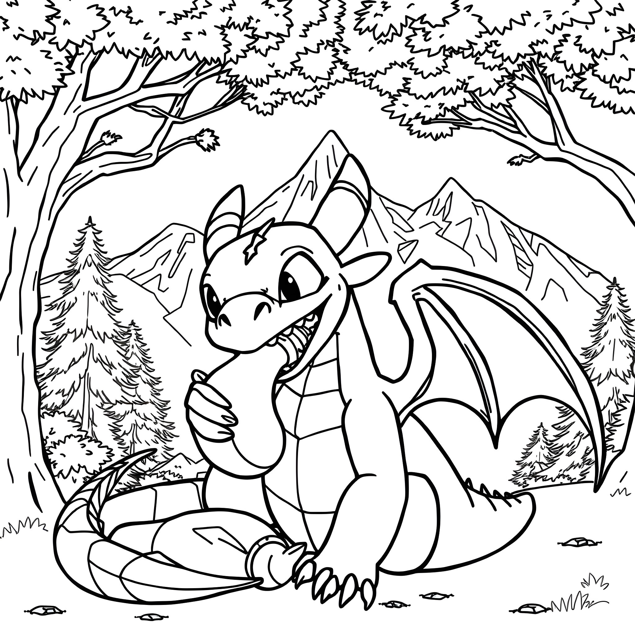 Toothless the dragon exploring the forest Coloring Page (free black-and-white line drawing printable PDF for all, from beginners to advanced learners, including children, teens, adults, and seniors)