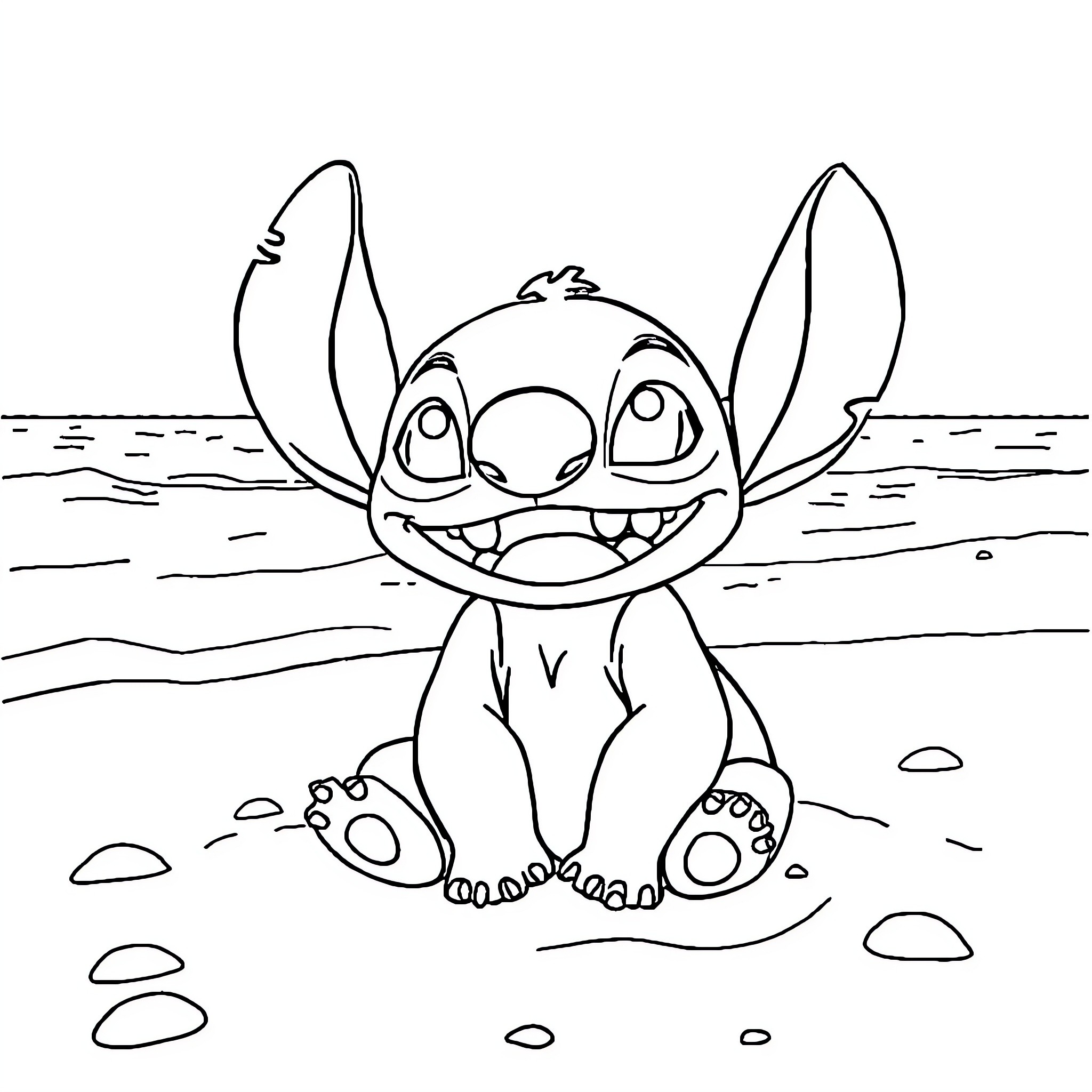 Stitch playing happily on the beach Coloring Page (free black-and-white line drawing printable PDF for all, from beginners to advanced learners, including children, teens, adults, and seniors)