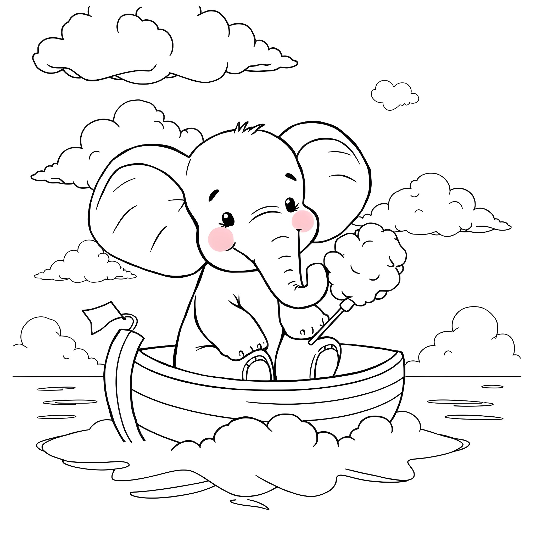 Elephant in a boat on the water Coloring Page (free black-and-white line drawing printable PDF for all, from beginners to advanced learners, including children, teens, adults, and seniors)