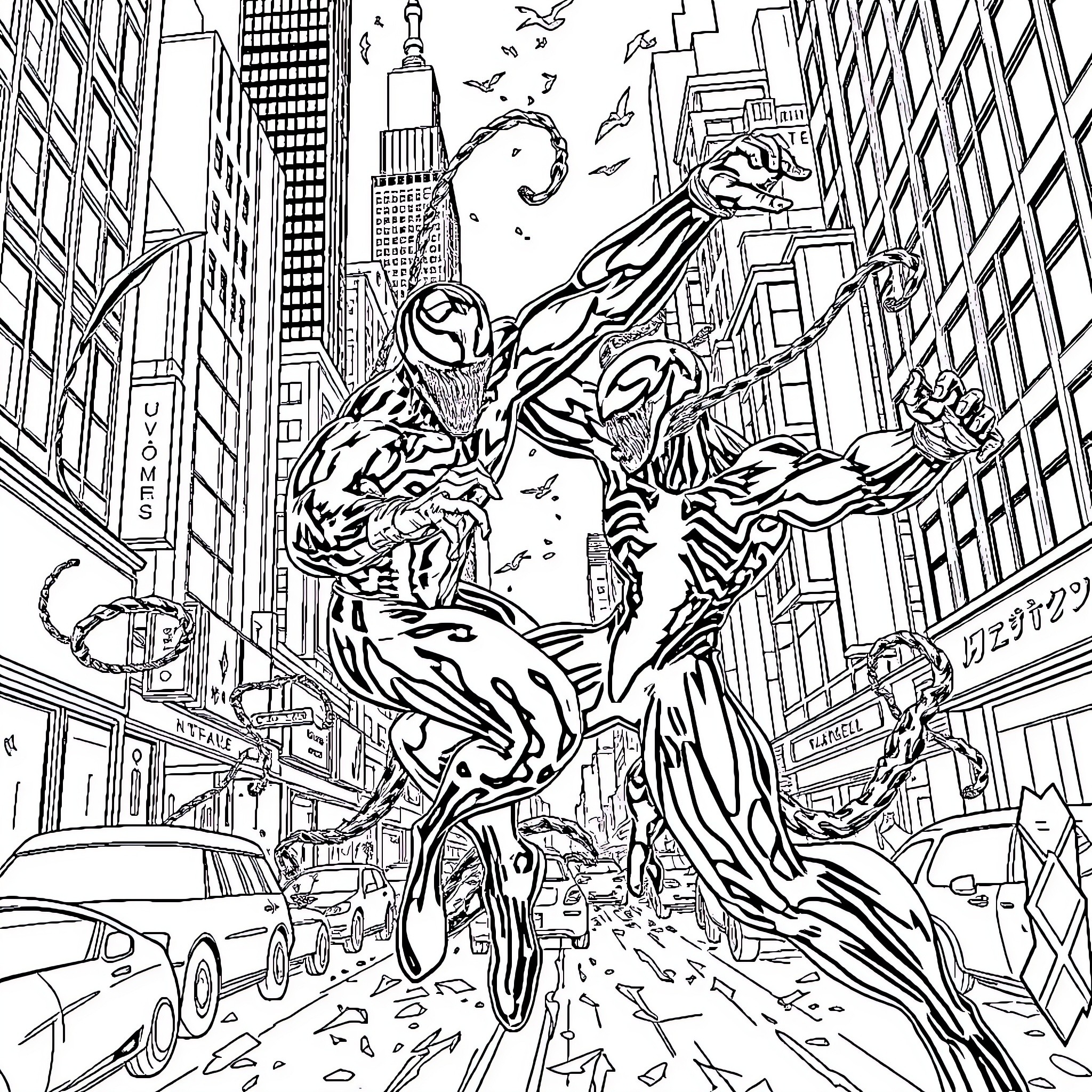 Venom Unleashes Symbiotic Chaos in the City Streets Coloring Page (free black-and-white line drawing printable PDF for all, from beginners to advanced learners, including children, teens, adults, and seniors)