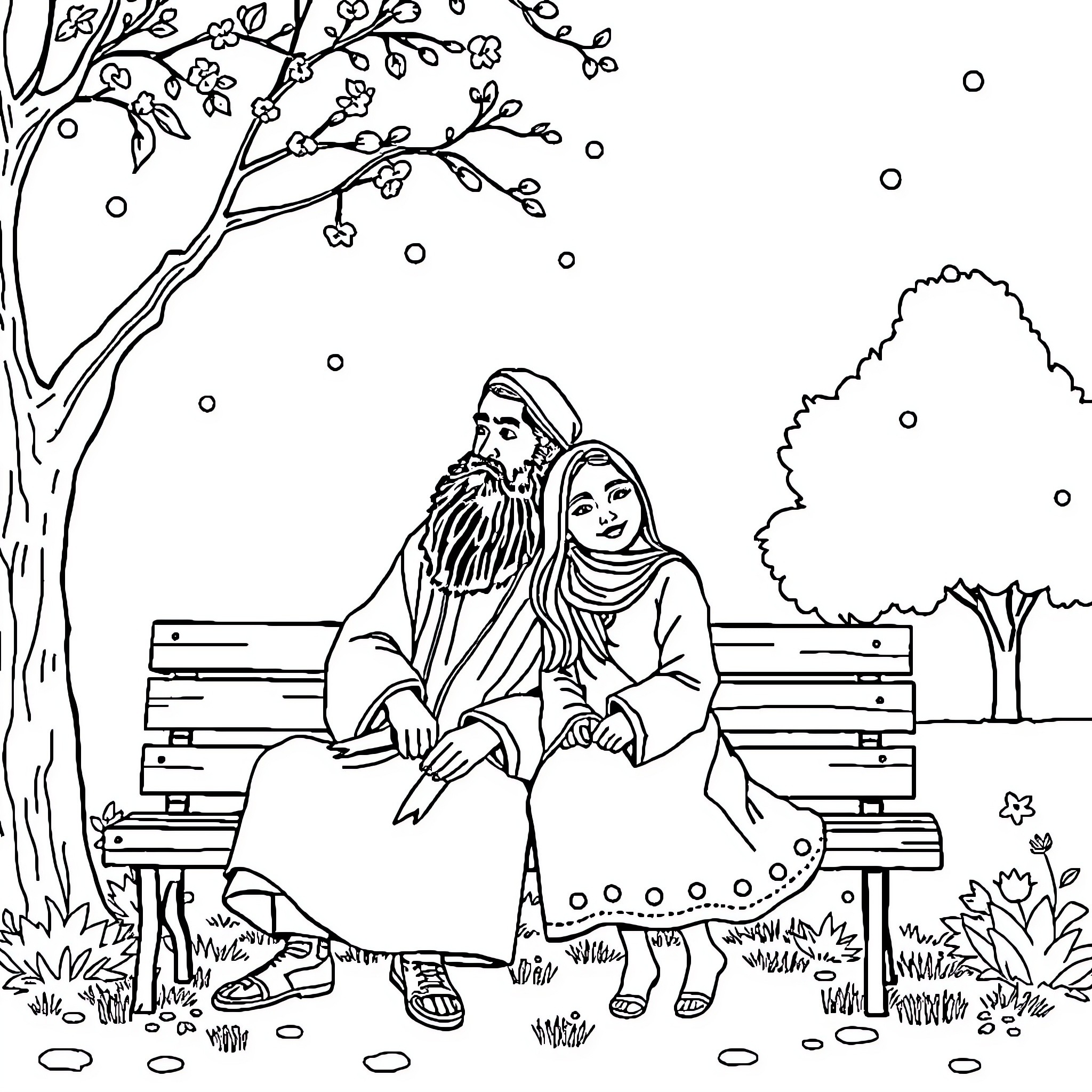 Rumi and companion sitting on a bench Coloring Page (free black-and-white line drawing printable PDF for all, from beginners to advanced learners, including children, teens, adults, and seniors)