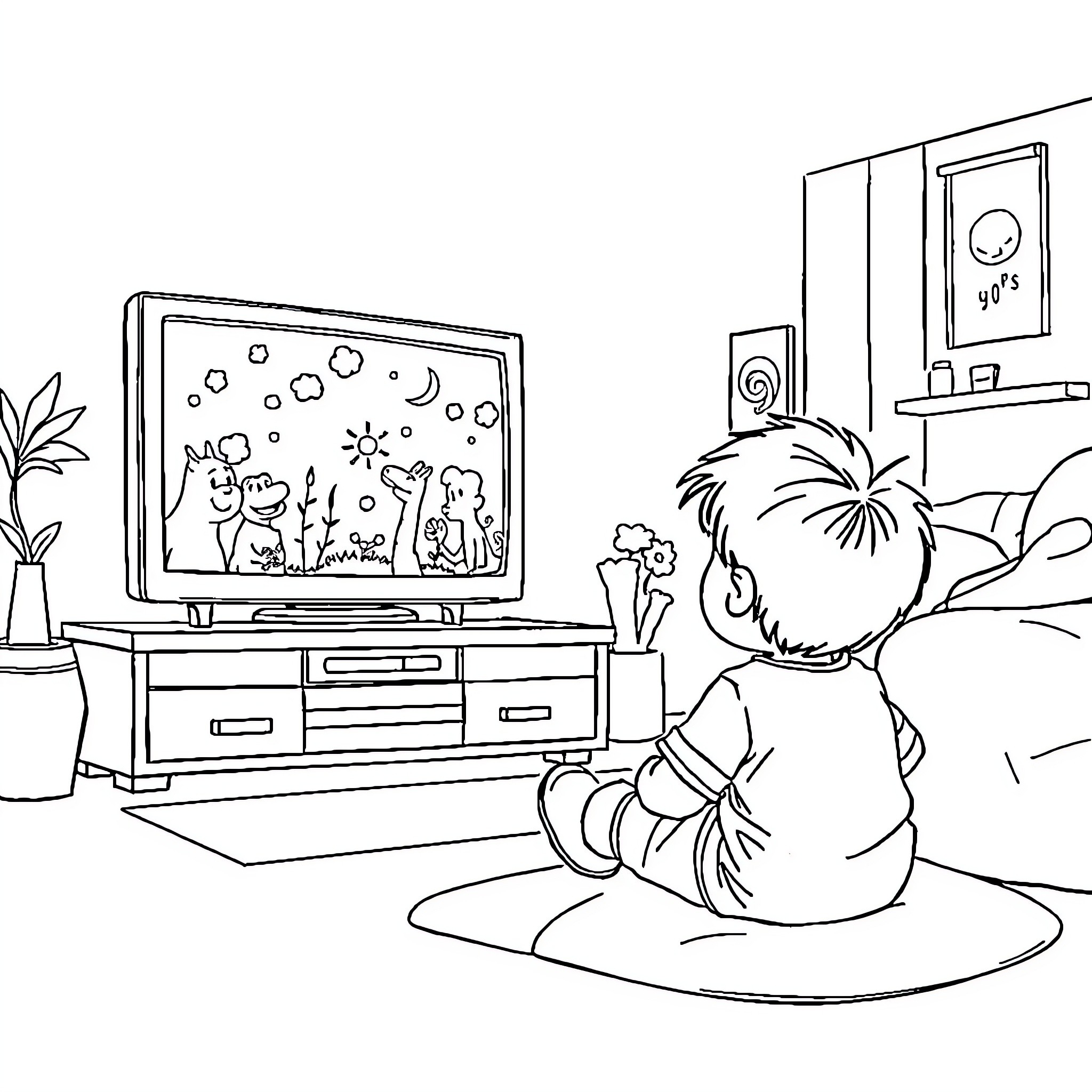Kid watching cartoon on TV in bedroom Coloring Page (free black-and-white line drawing printable PDF for all, from beginners to advanced learners, including children, teens, adults, and seniors)
