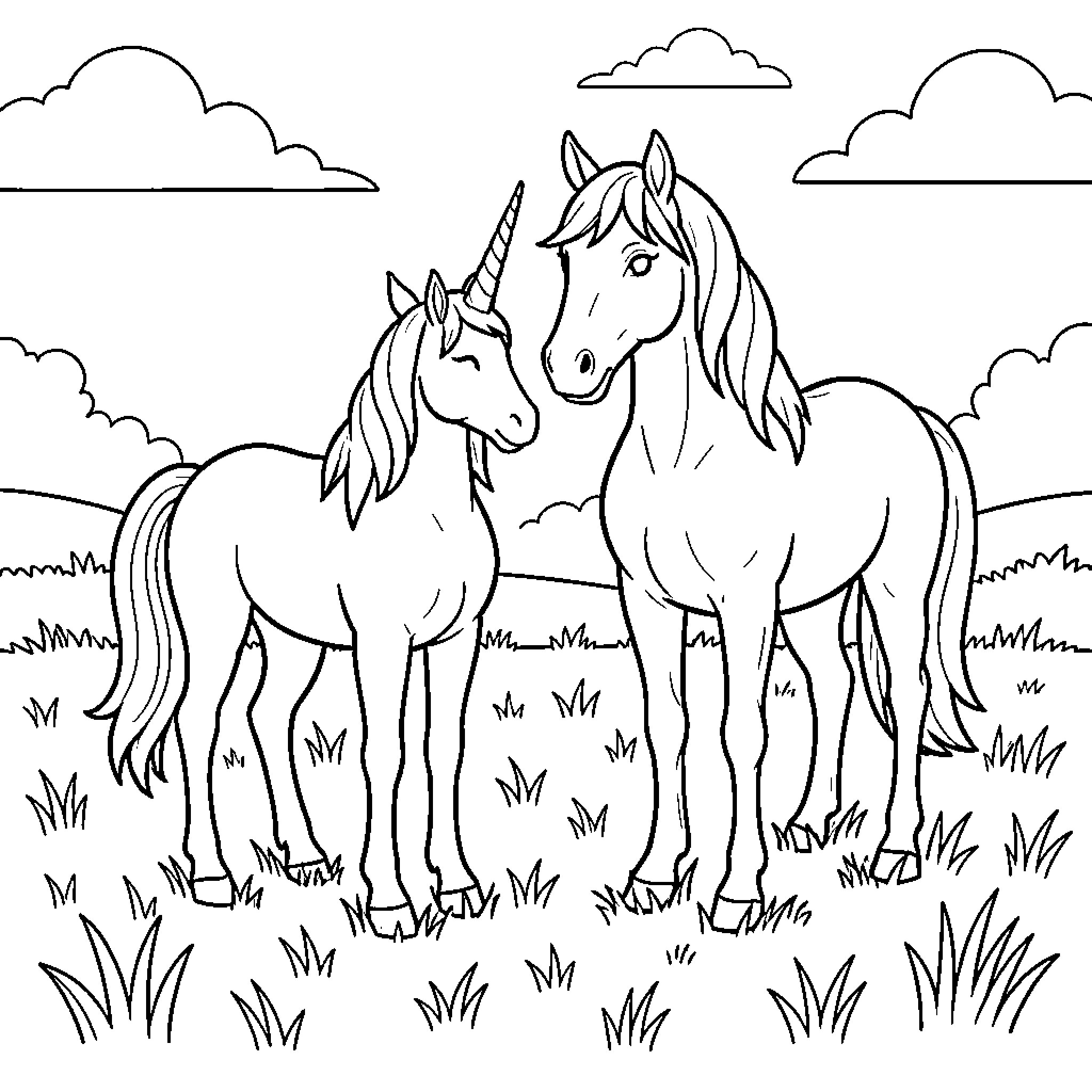 Unicorns standing together in a grassy meadow Coloring Page (free black-and-white line drawing printable PDF for all, from beginners to advanced learners, including children, teens, adults, and seniors)