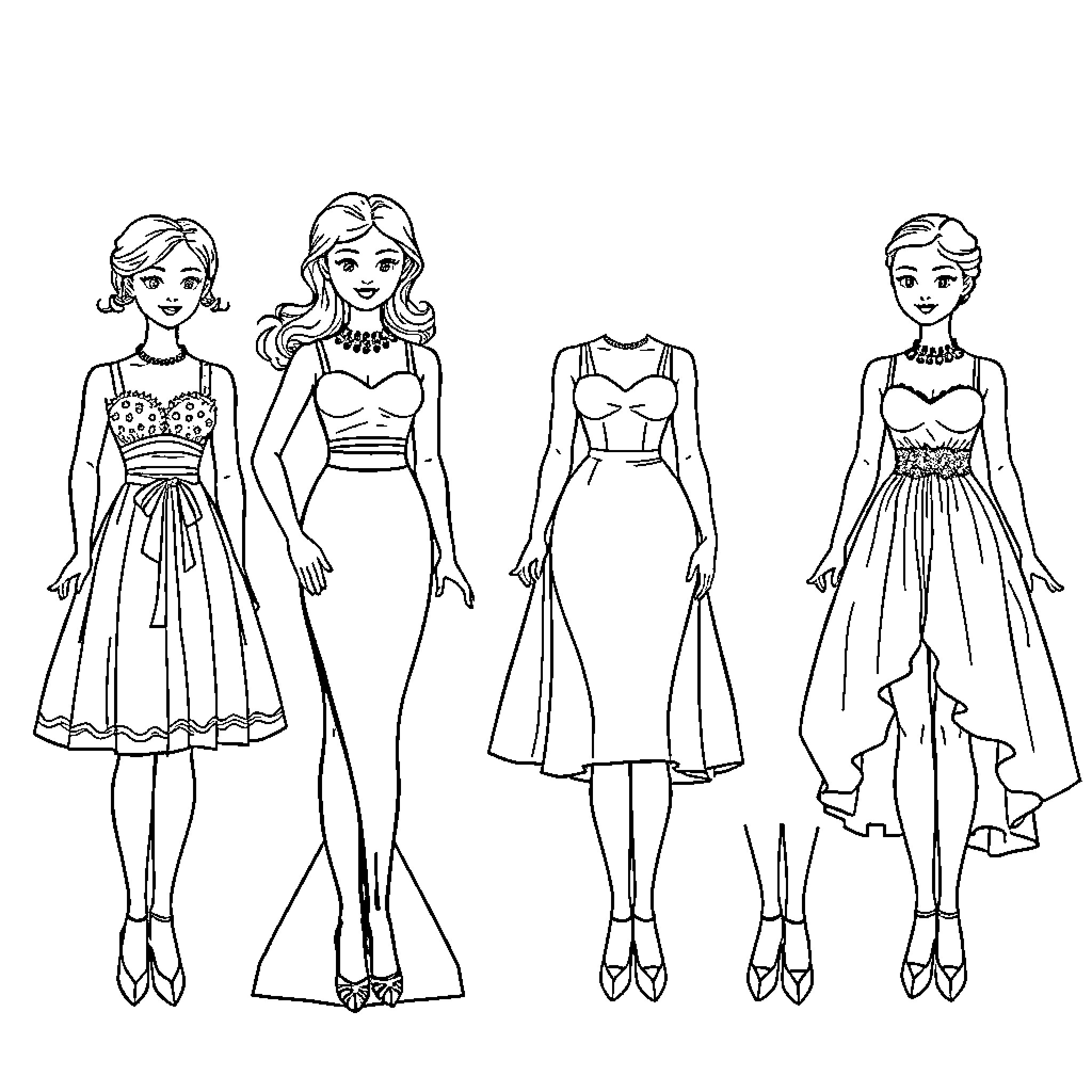 Paper Doll Fashions: Diverse Outfits and Styles Coloring Page (free black-and-white line drawing printable PDF for all, from beginners to advanced learners, including children, teens, adults, and seniors)