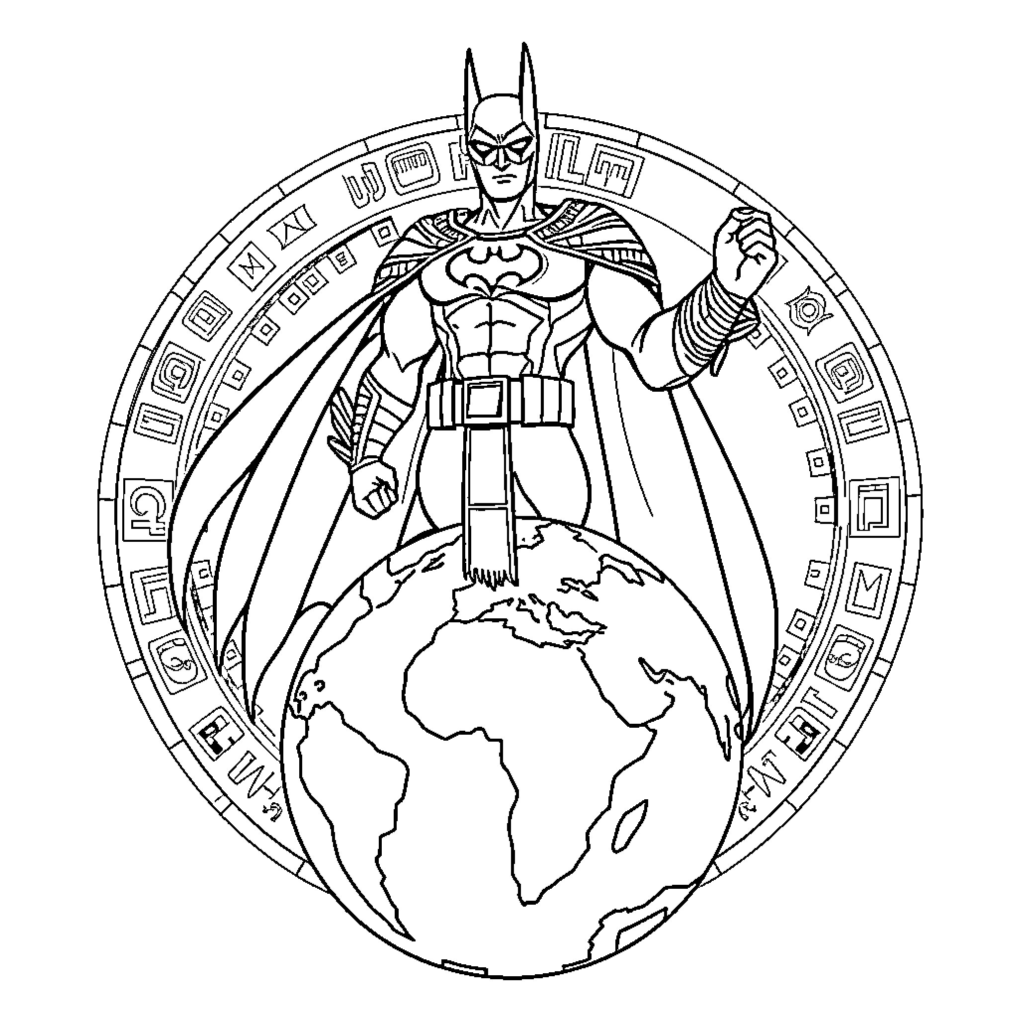 Batman Protecting the World in Heroic Costume Coloring Page (free black-and-white line drawing printable PDF for all, from beginners to advanced learners, including children, teens, adults, and seniors)