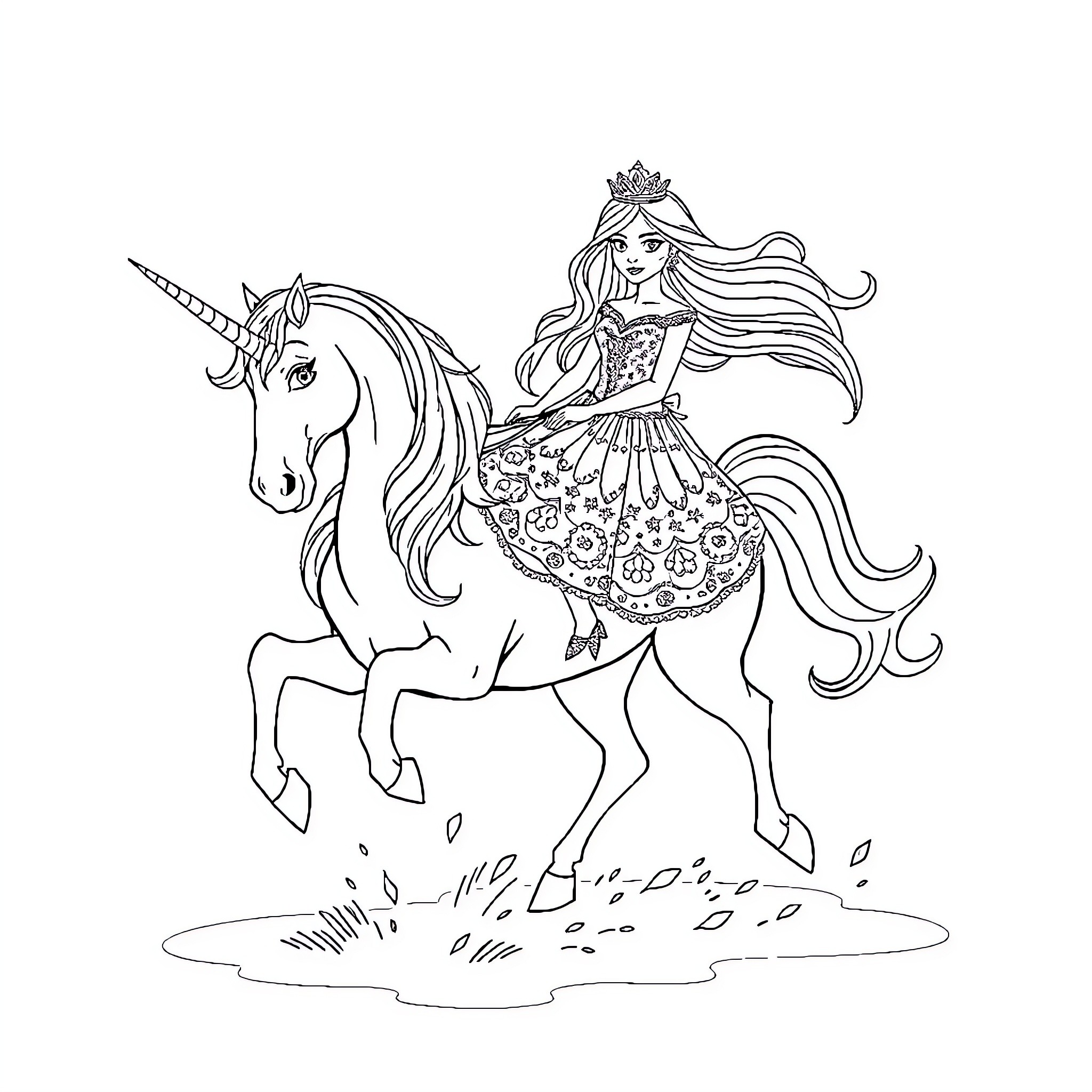 Princess Riding a Majestic Unicorn Coloring Page (free black-and-white line drawing printable PDF for all, from beginners to advanced learners, including children, teens, adults, and seniors)