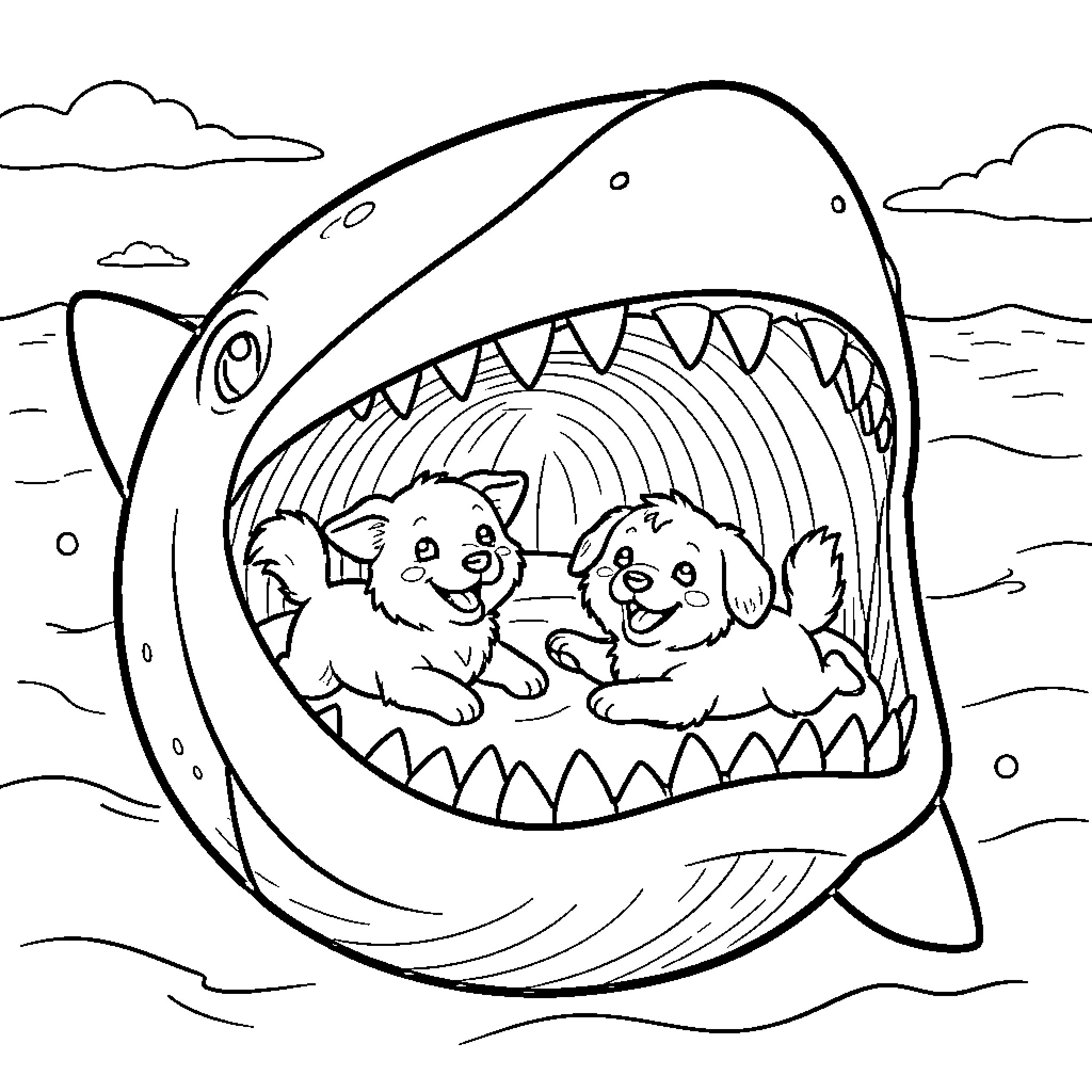 Dog friends enjoying playful adventure in ocean Coloring Page (free black-and-white line drawing printable PDF for all, from beginners to advanced learners, including children, teens, adults, and seniors)