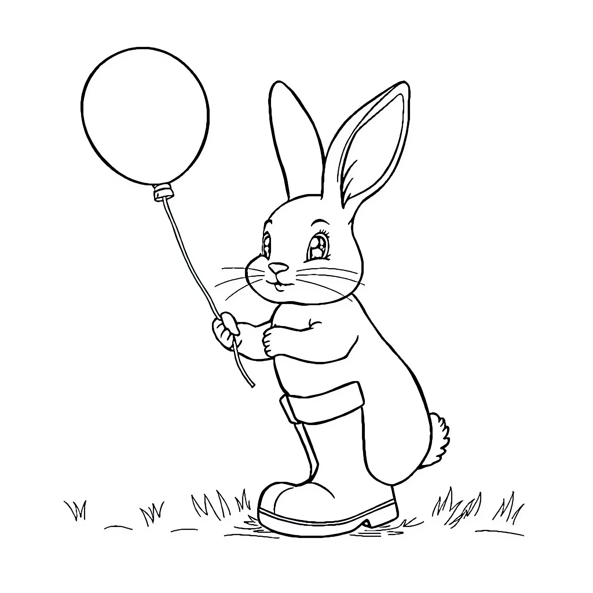 Lapin playing joyfully with balloon Coloring Page (free black-and-white line drawing printable PDF for all, from beginners to advanced learners, including children, teens, adults, and seniors)