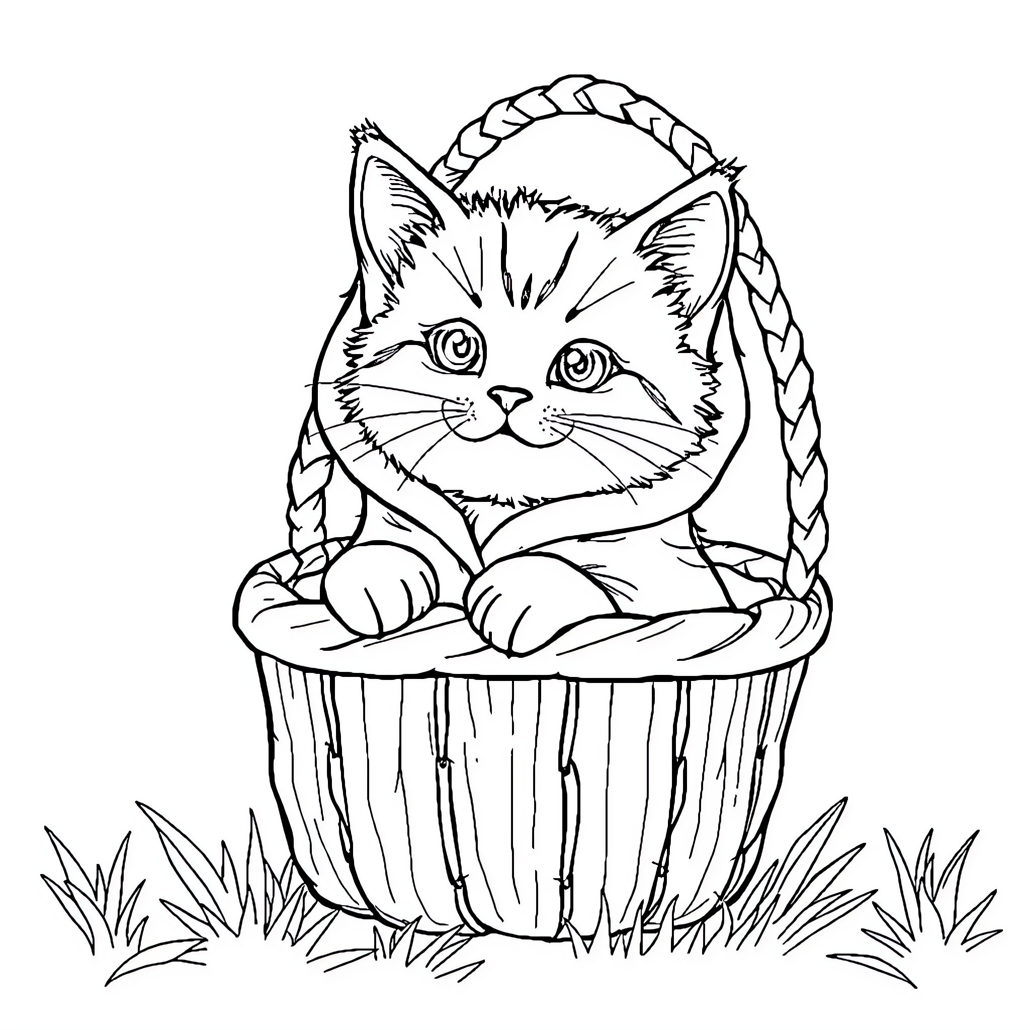 Cat resting in a basket Coloring Page (free black-and-white line drawing printable PDF for all, from beginners to advanced learners, including children, teens, adults, and seniors)