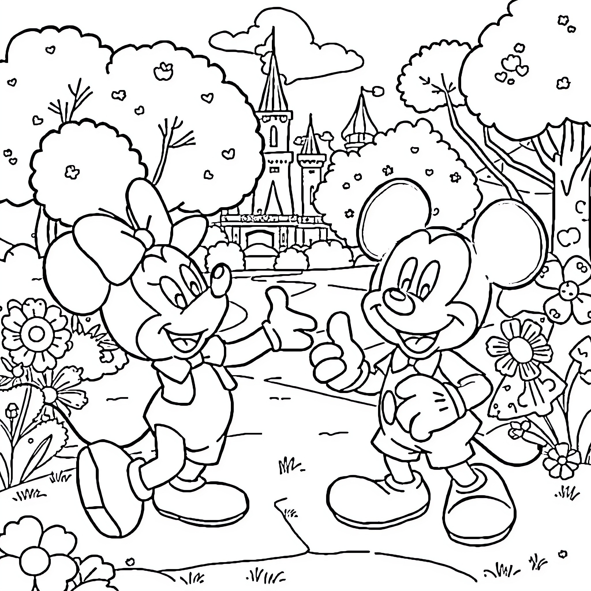 Bluey's Adventure in the Enchanted Disney Land Coloring Page (free black-and-white line drawing printable PDF for all, from beginners to advanced learners, including children, teens, adults, and seniors)