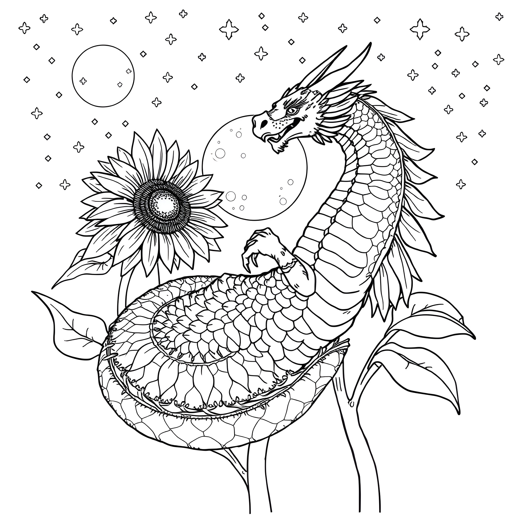 Sunflower and Dragon Illustration Coloring Page (free black-and-white line drawing printable PDF for all, from beginners to advanced learners, including children, teens, adults, and seniors)