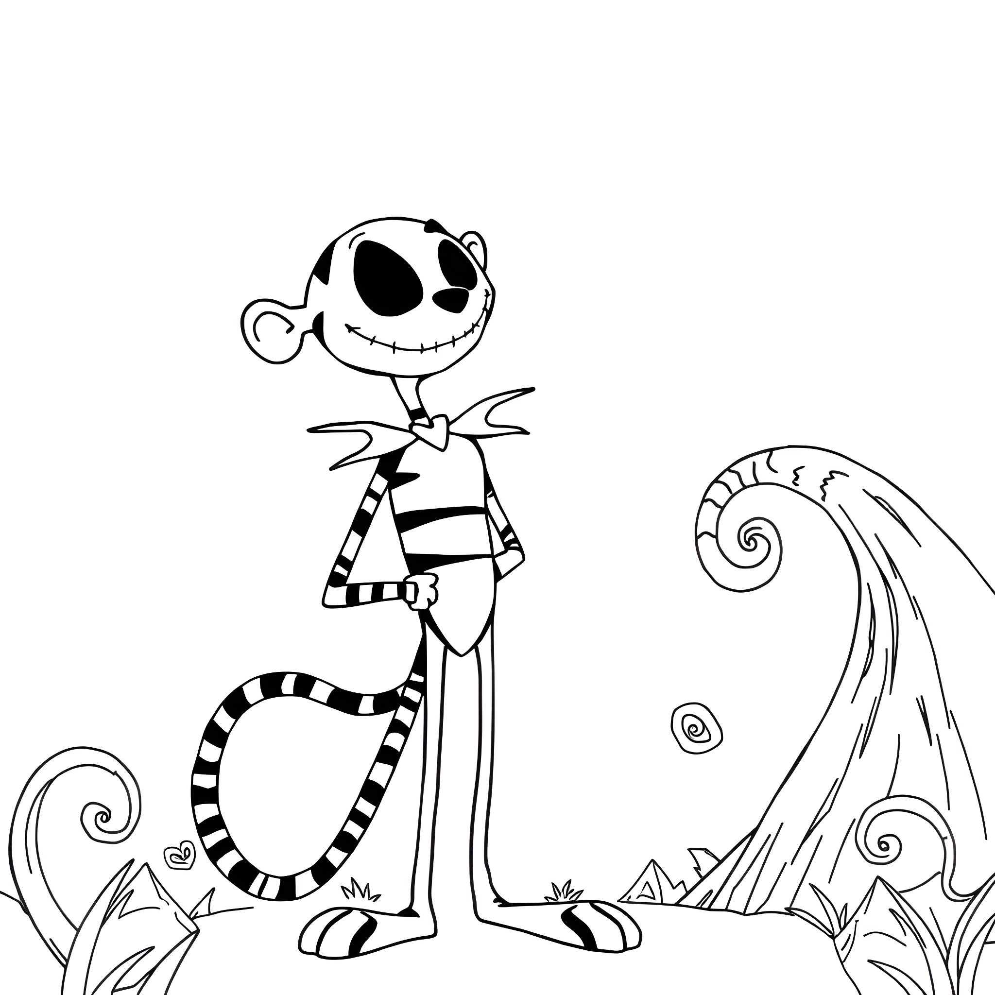 Tigger in a striped outfit exploring the whimsical forest Coloring Page (free black-and-white line drawing printable PDF for all, from beginners to advanced learners, including children, teens, adults, and seniors)