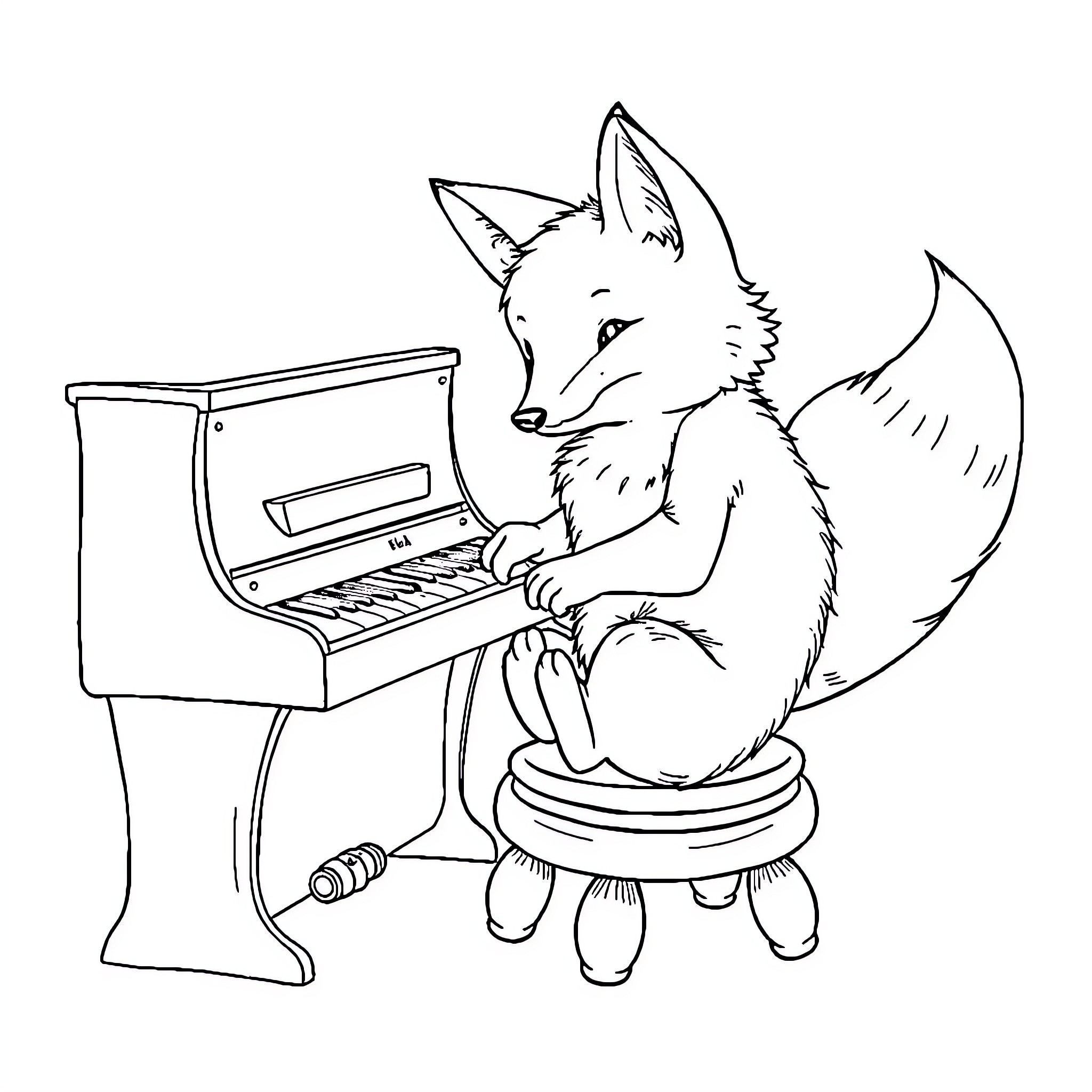 Fox playing music on a piano Coloring Page (free black-and-white line drawing printable PDF for all, from beginners to advanced learners, including children, teens, adults, and seniors)