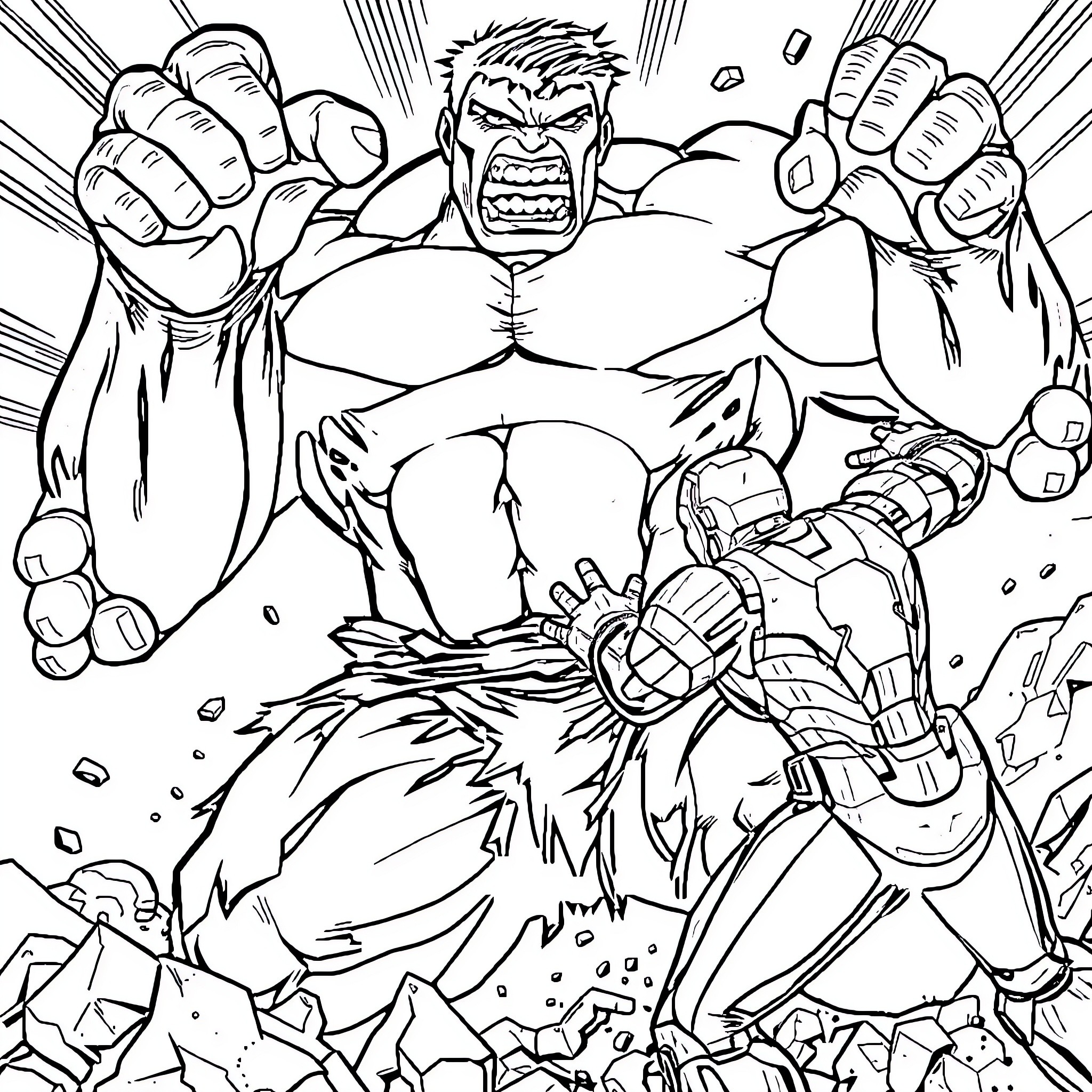 Hulk raging in a fierce battle Coloring Page (free black-and-white line drawing printable PDF for all, from beginners to advanced learners, including children, teens, adults, and seniors)