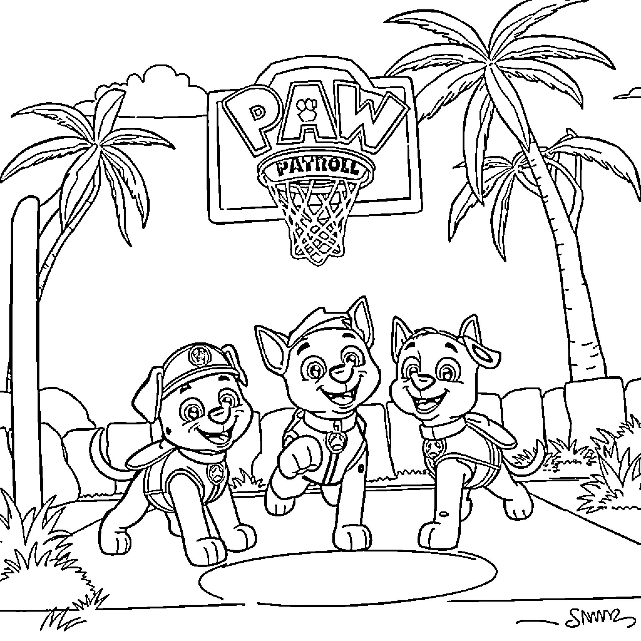 Paw Patrol pups playing joyfully outdoors near palm trees Coloring Page (free black-and-white line drawing printable PDF for all, from beginners to advanced learners, including children, teens, adults, and seniors)