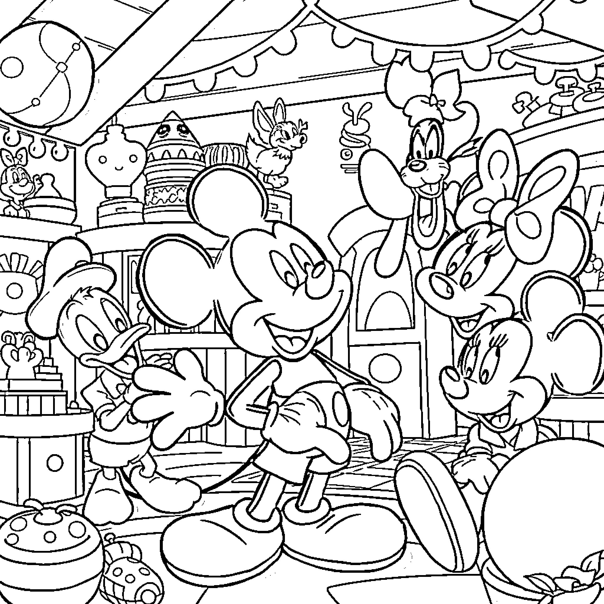 Mickey Mouse and friends enjoying the carnival Coloring Page (free black-and-white line drawing printable PDF for all, from beginners to advanced learners, including children, teens, adults, and seniors)
