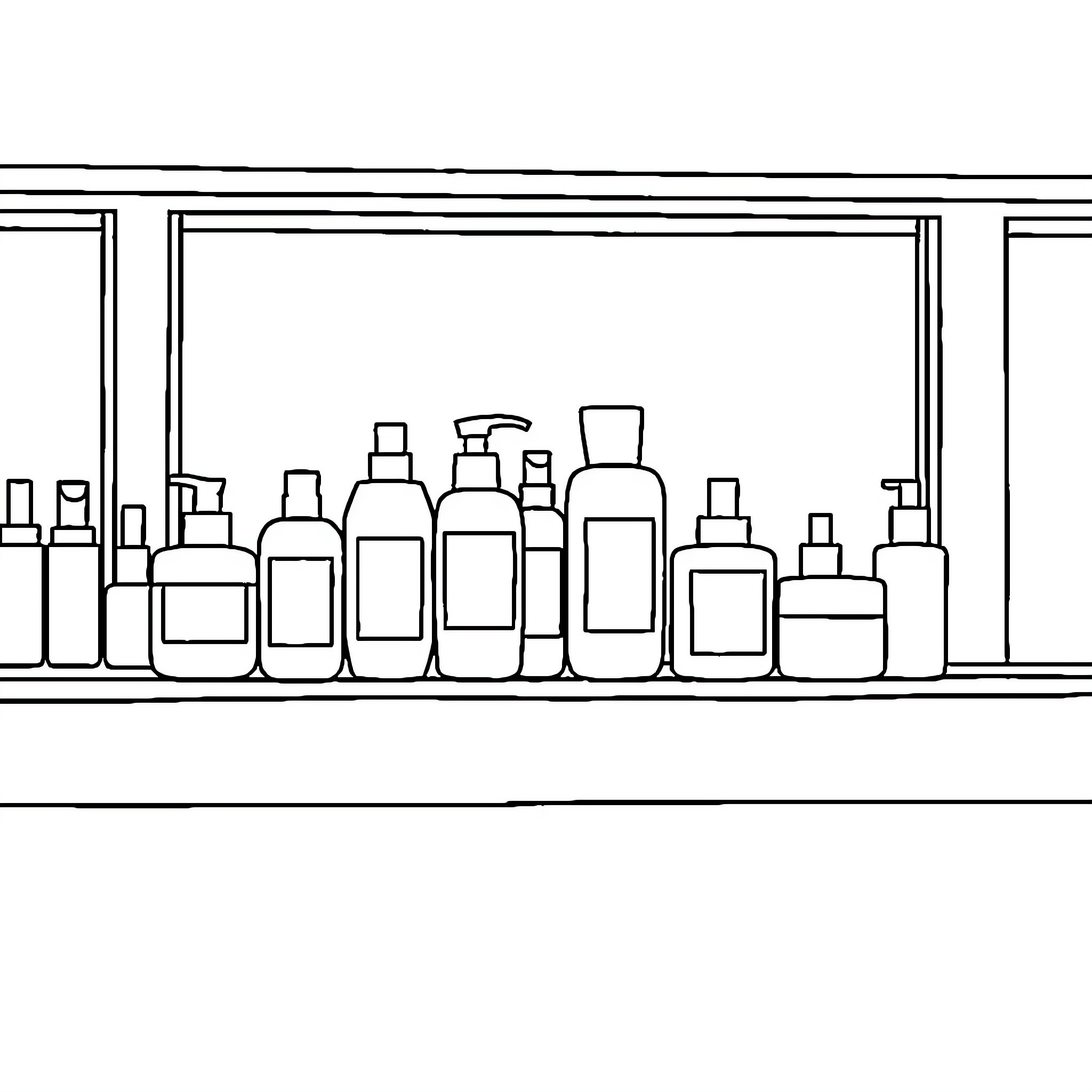 Skincare Products Displayed on Shelves Coloring Page (free black-and-white line drawing printable PDF for all, from beginners to advanced learners, including children, teens, adults, and seniors)