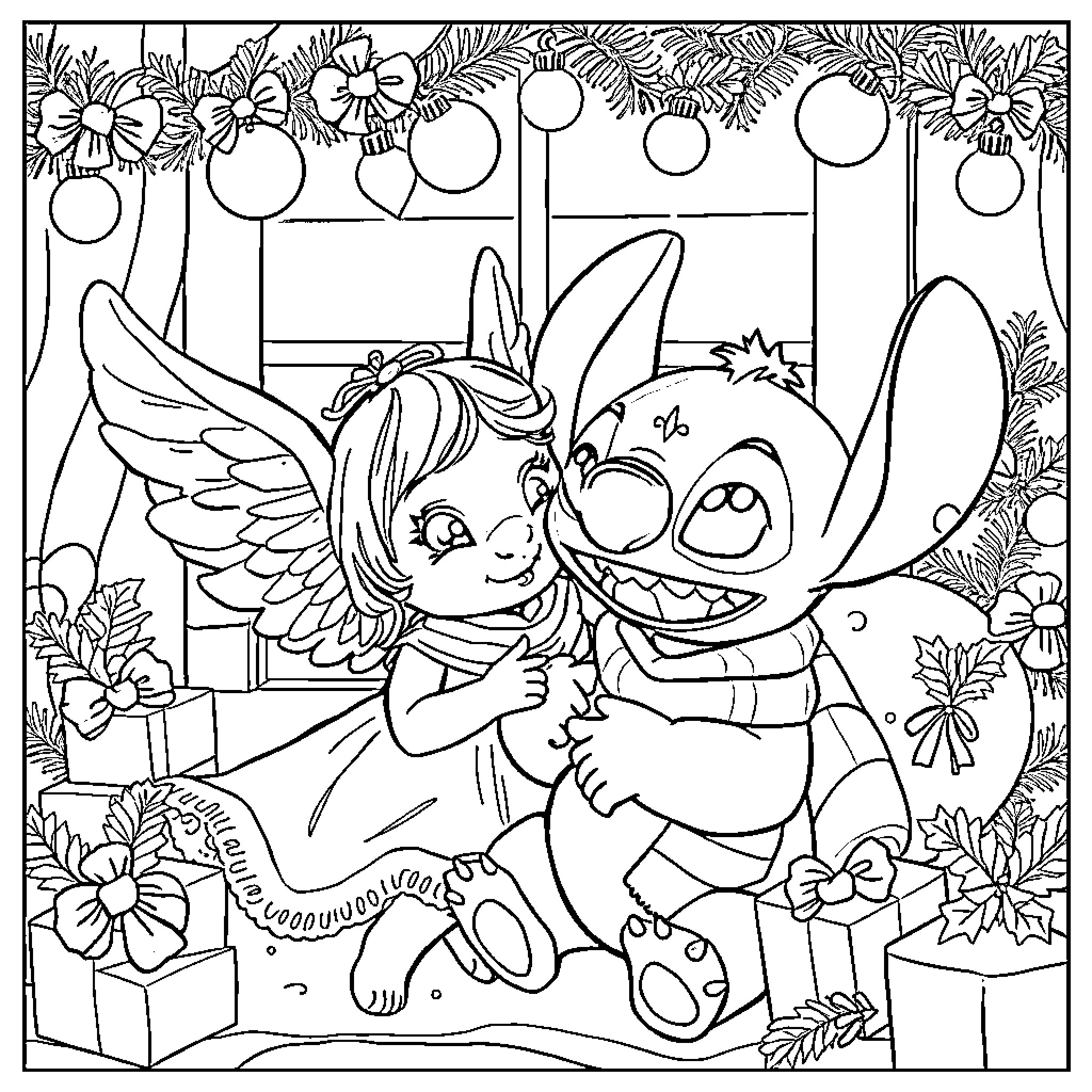 Angel Embraces Playful Stitch During Festive Celebration Coloring Page (free black-and-white line drawing printable PDF for all, from beginners to advanced learners, including children, teens, adults, and seniors)